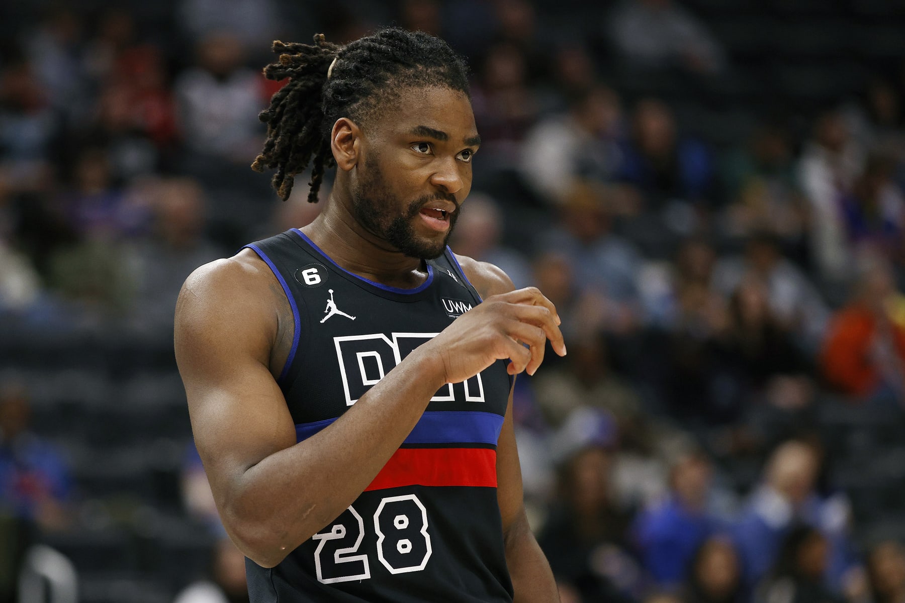 DETROIT, MICHIGAN - FEBRUARY 10: Isaiah Stewart #28 of the Detroit Pistons in the first half of a game against the San Antonio Spurs at Little Caesars Arena on February 10, 2023 in Detroit, Michigan. NOTE TO USER: User expressly acknowledges and agrees that, by downloading and or using this photograph, User is consenting to the terms and conditions of the Getty Images License Agreement. (Photo by Mike Mulholland/Getty Images)