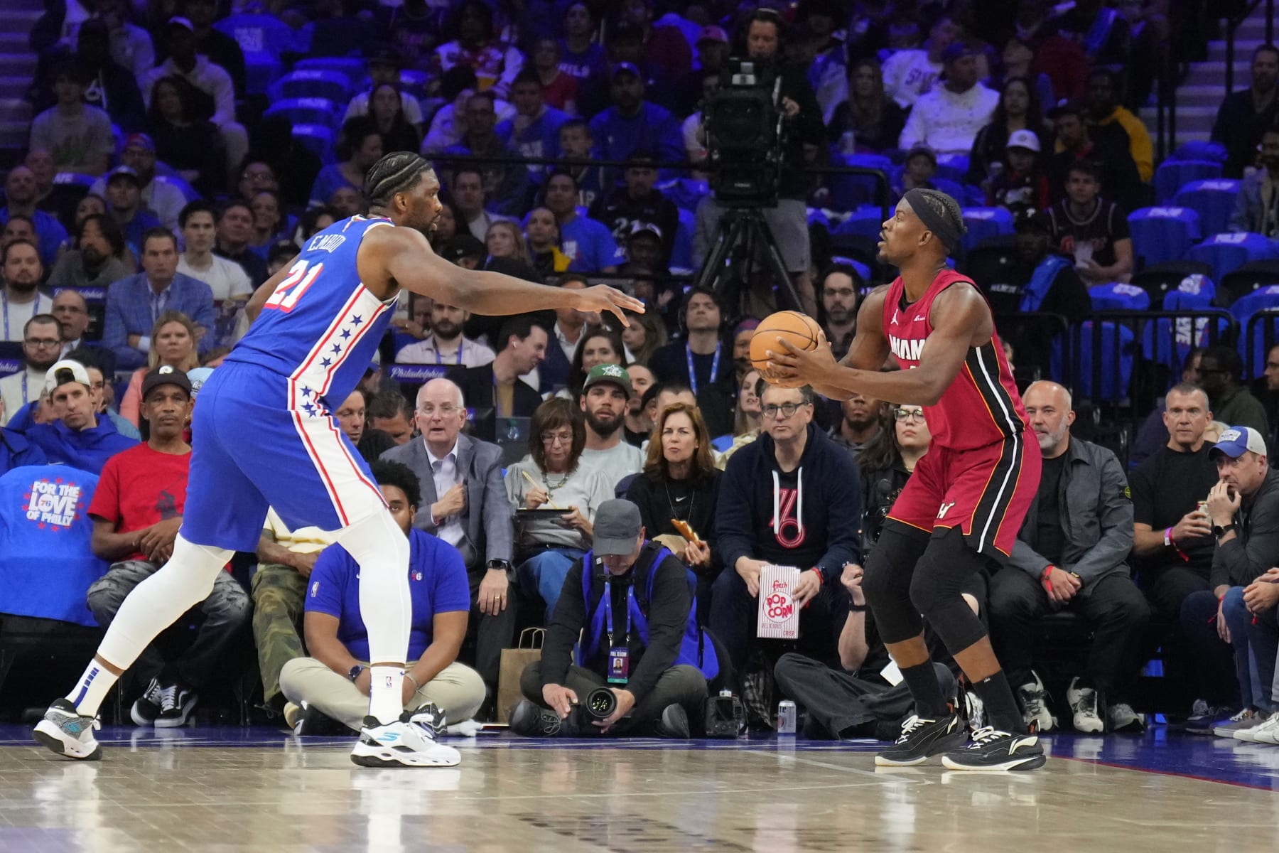 PHILADELPHIA, PA - APRIL 17: Jimmy Butler #22 of the Miami Heat handles the ball during the game against the Philadelphia 76ers during the 2024 NBA Play-In Tournament on April 17, 2024 at the Wells Fargo Center in Philadelphia, Pennsylvania NOTE TO USER: User expressly acknowledges and agrees that, by downloading and/or using this Photograph, user is consenting to the terms and conditions of the Getty Images License Agreement. Mandatory Copyright Notice: Copyright 2024 NBAE (Photo by Jesse D. Garrabrant/NBAE via Getty Images)