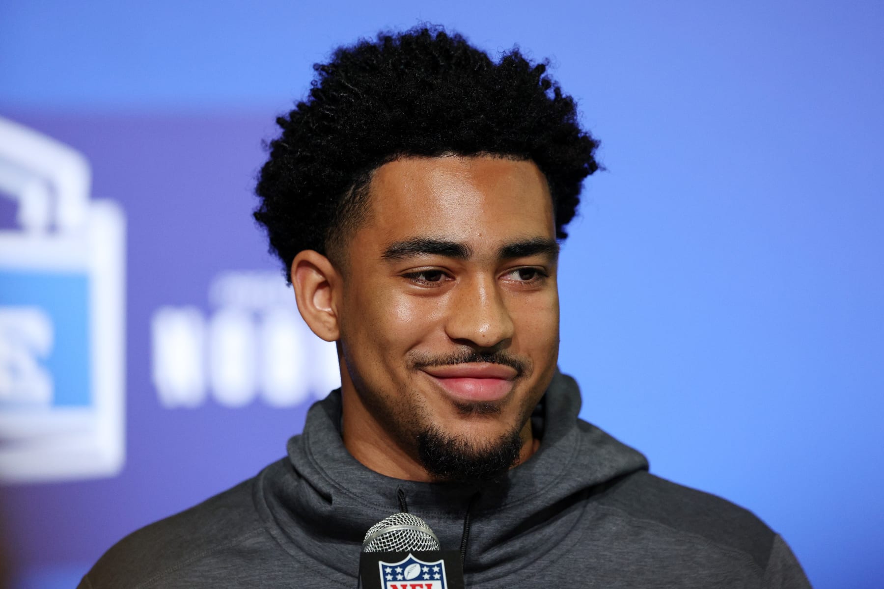 INDIANAPOLIS, INDIANA - MARCH 03: Quarterback Bryce Young of Alabama speaks to the media during the NFL Combine at Lucas Oil Stadium on March 03, 2023 in Indianapolis, Indiana. (Photo by Michael Hickey/Getty Images)