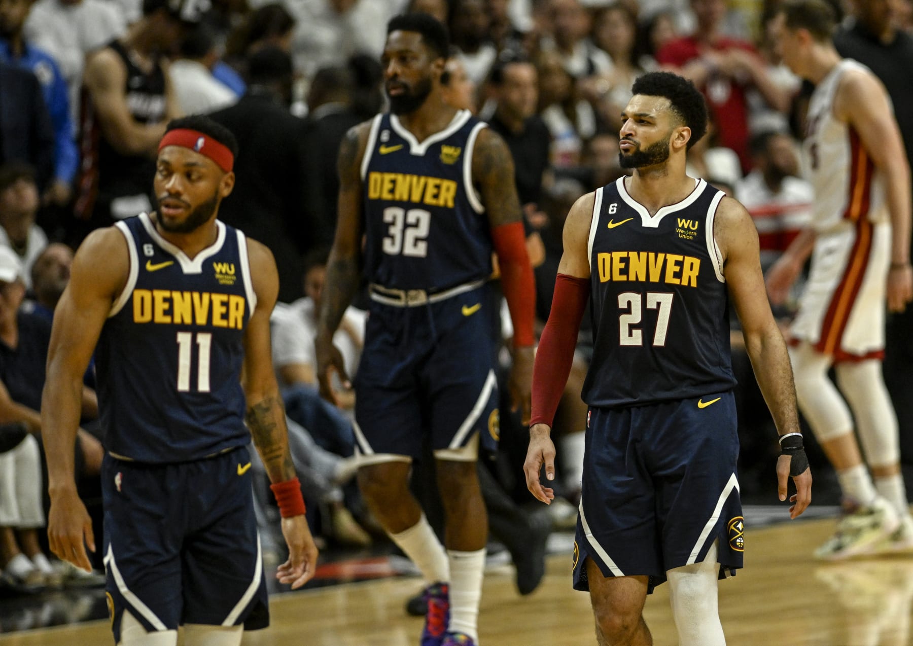 MIAMI, FL - JUNE 9: Jamal Murray (27) of the Denver Nuggets looks to the bench as he leads Bruce Brown (11) and Jeff Green (32) against the Miami Heat in the fourth quarter of the Nuggets' 108-95 win during Game 4 of the NBA Finals at the Kaseya Center in Miami on Friday, June 9, 2023. (Photo by AAron Ontiveroz/The Denver Post)