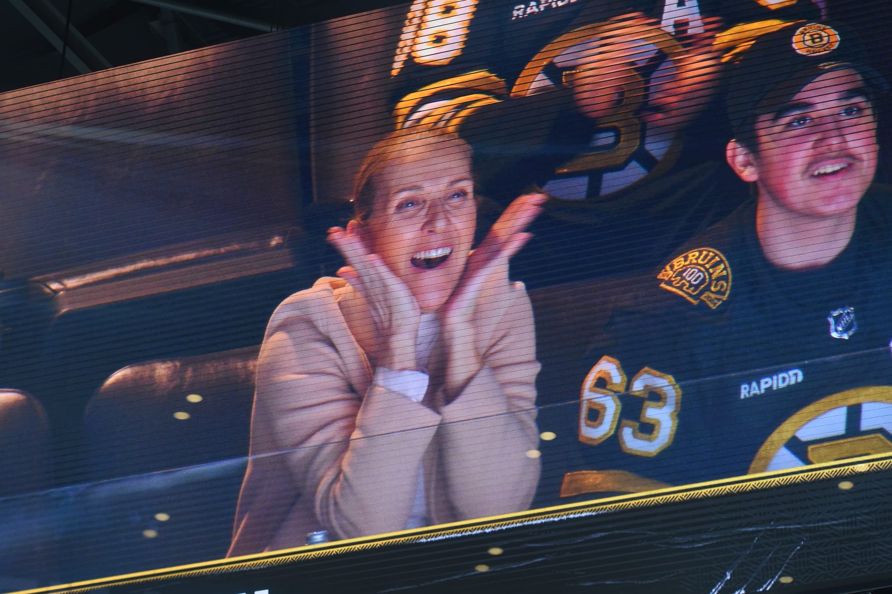 BOSTON, MASSACHUSETTS - MARCH 21: Singer Celine Dion on the jumbo iron during the second period of the Boston Bruins against the New York Rangers at the TD Garden on March 21, 2024 in Boston, Massachusetts. (Photo by Steve Babineau/NHLI via Getty Images)