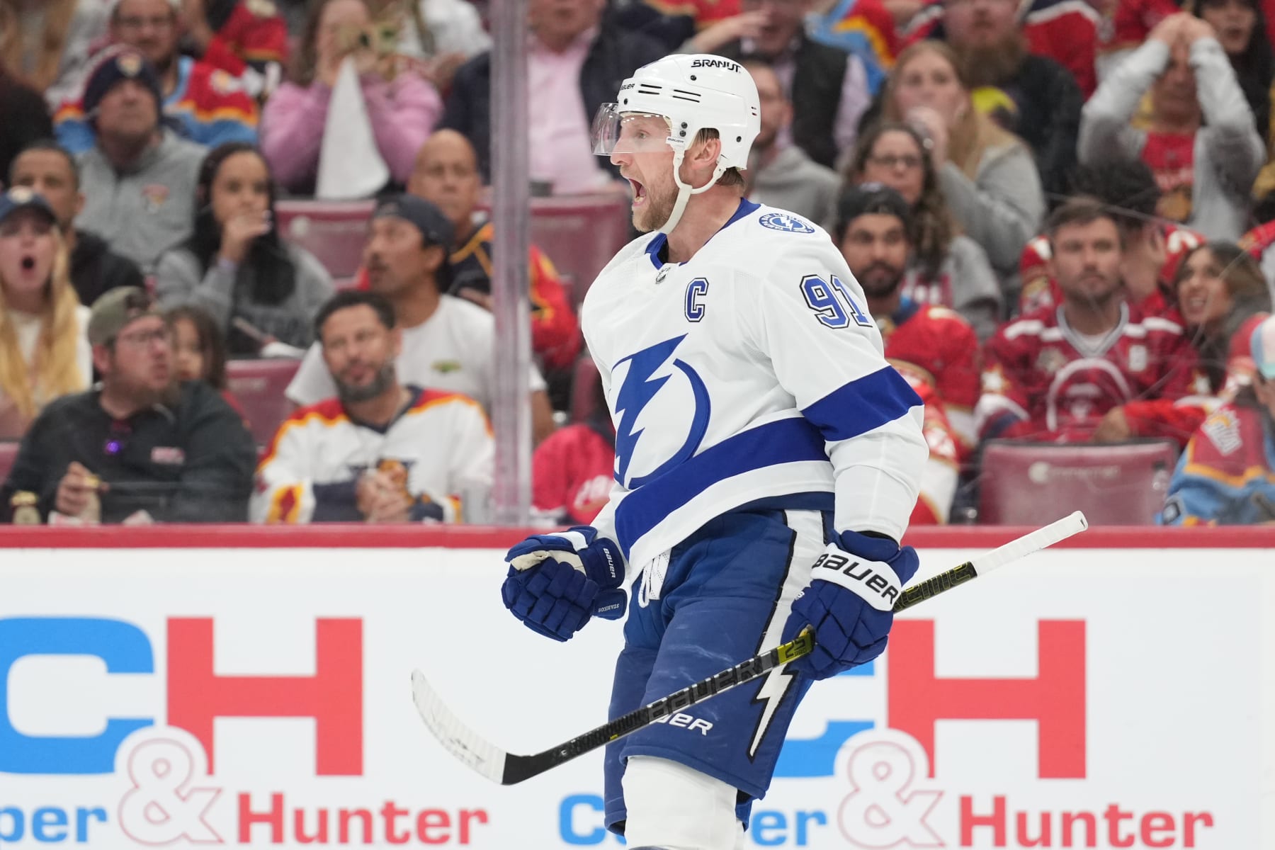 SUNRISE, FL - APRIL 23: Tampa Bay Lightning center Steven Stamkos (91) celebrates a game tying goal in the second period during game two of the Eastern Conference First Round between the Tampa Bay Lightning and the Florida Panthers at Amerant Bank Arena, Sunrise, Fla. (Photo by Peter Joneleit/Icon Sportswire via Getty Images)