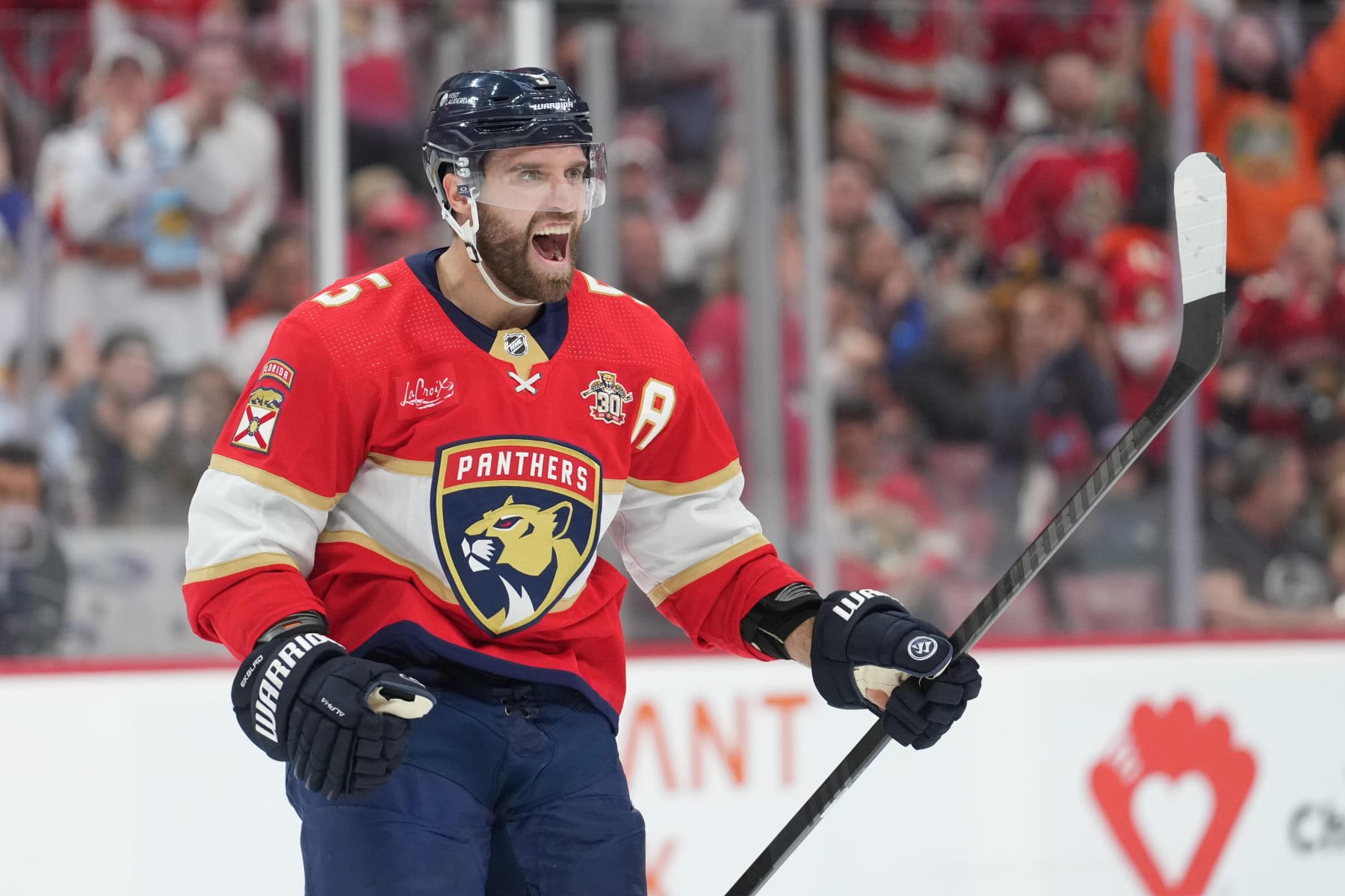 SUNRISE, FL - MARCH 07: Florida Panthers defenseman Aaron Ekblad (5) celebrates a goal in the second period during the game between the Philadelphia Flyers and the Florida Panthers on Thursday, March 7, 2024 at Amerant Bank Arena, Sunrise Fla. (Photo by Peter Joneleit/Icon Sportswire via Getty Images) SUNRISE, FL - MARCH 07: Florida Panthers defenseman Aaron Ekblad (5) celebrates a goal in the second period during the game between the Philadelphia Flyers and the Florida Panthers on Thursday, March 7, 2024 at Amerant Bank Arena, Sunrise Fla. (Photo by Peter Joneleit/Icon Sportswire via Getty Images)