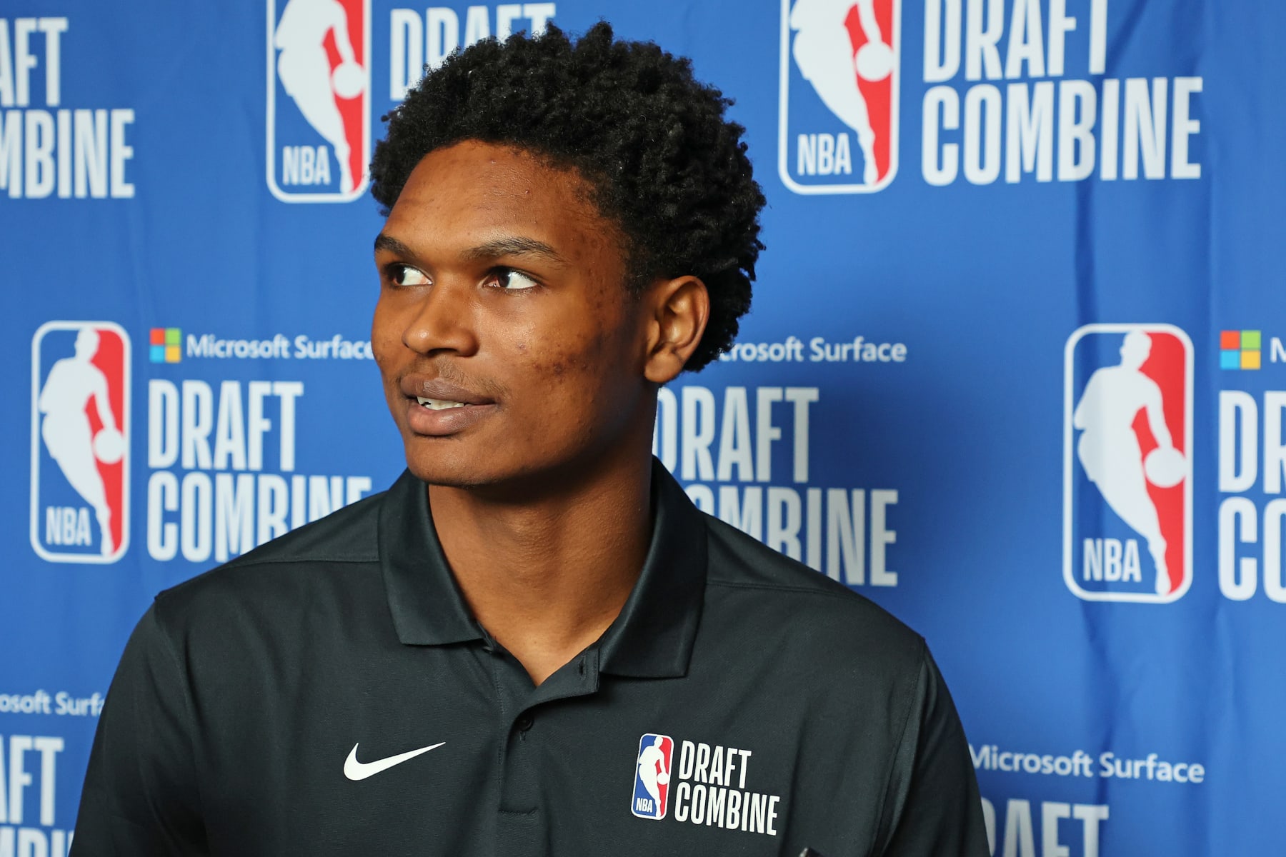 CHICAGO, ILLINOIS - MAY 17: Ausar Thompson speaks with the media during the NBA Draft Combine at the Wintrust Arena on May 17, 2023 in Chicago, Illinois. NOTE TO USER: User expressly acknowledges and agrees that, by downloading and or using this photograph, User is consenting to the terms and conditions of the Getty Images License Agreement. (Photo by Stacy Revere/Getty Images)