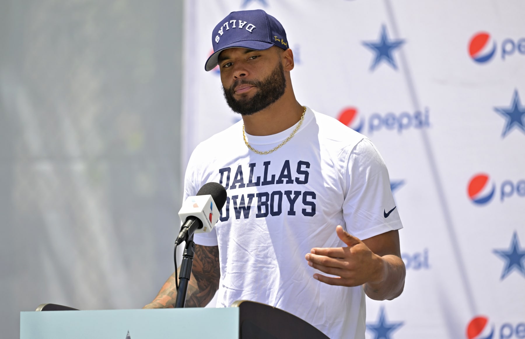 OXNARD, CALIFORNIA - JULY 27: Quarterback Dak Prescott #4 of the Dallas Cowboys speaks at a news conference during training camp at River Ridge Playing Fields on July 27, 2023 in Oxnard, California. (Photo by Jayne Kamin-Oncea/Getty Images)