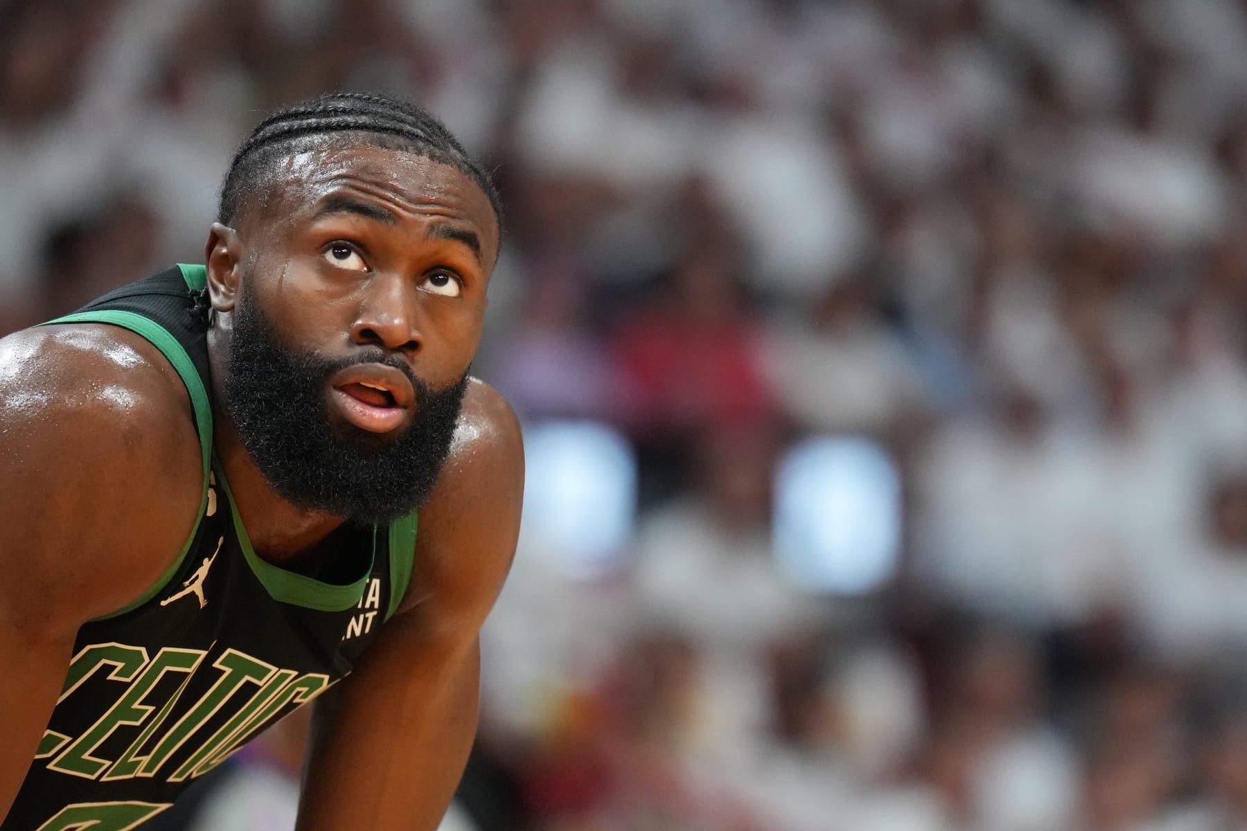 MIAMI, FL - MAY 21: Jaylen Brown #7 of the Boston Celtics looks on during Game Three of the Eastern Conference Finals against the Miami Heat on May 21, 2023 at Miami-Dade Arena in Miami, Florida. NOTE TO USER: User expressly acknowledges and agrees that, by downloading and or using this Photograph, user is consenting to the terms and conditions of the Getty Images License Agreement. Mandatory Copyright Notice: Copyright 2023 NBAE (Photo by Jesse D. Garrabrant/NBAE via Getty Images)