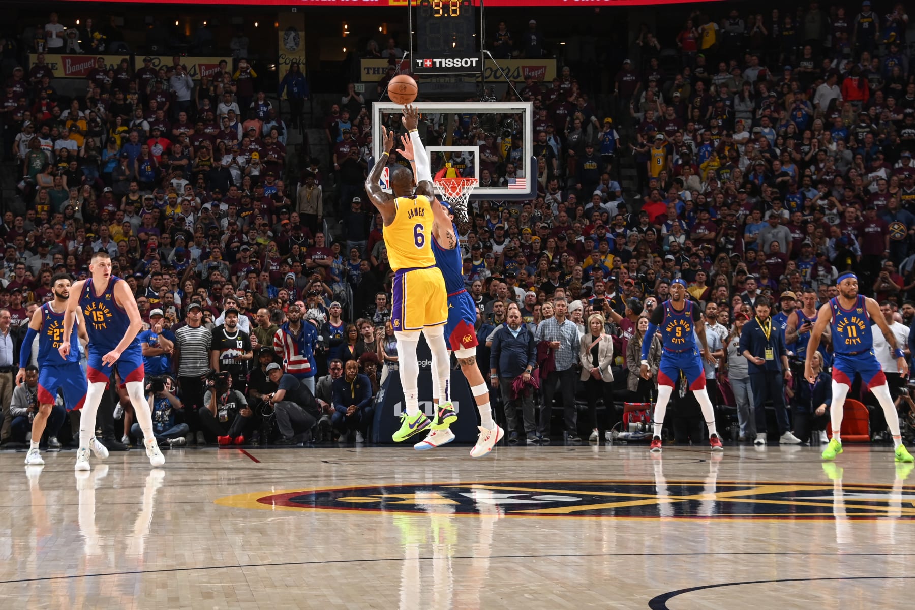DENVER, CO - MAY 16: LeBron James #6 of the Los Angeles Lakers shoots a three point basket during the game  during round 3 game 1 of the 2023 NBA Playoffs Western Conference Finals on May 16, 2023 at the Ball Arena in Denver, Colorado. NOTE TO USER: User expressly acknowledges and agrees that, by downloading and/or using this Photograph, user is consenting to the terms and conditions of the Getty Images License Agreement. Mandatory Copyright Notice: Copyright 2023 NBAE (Photo by Andrew D. Bernstein/NBAE via Getty Images)