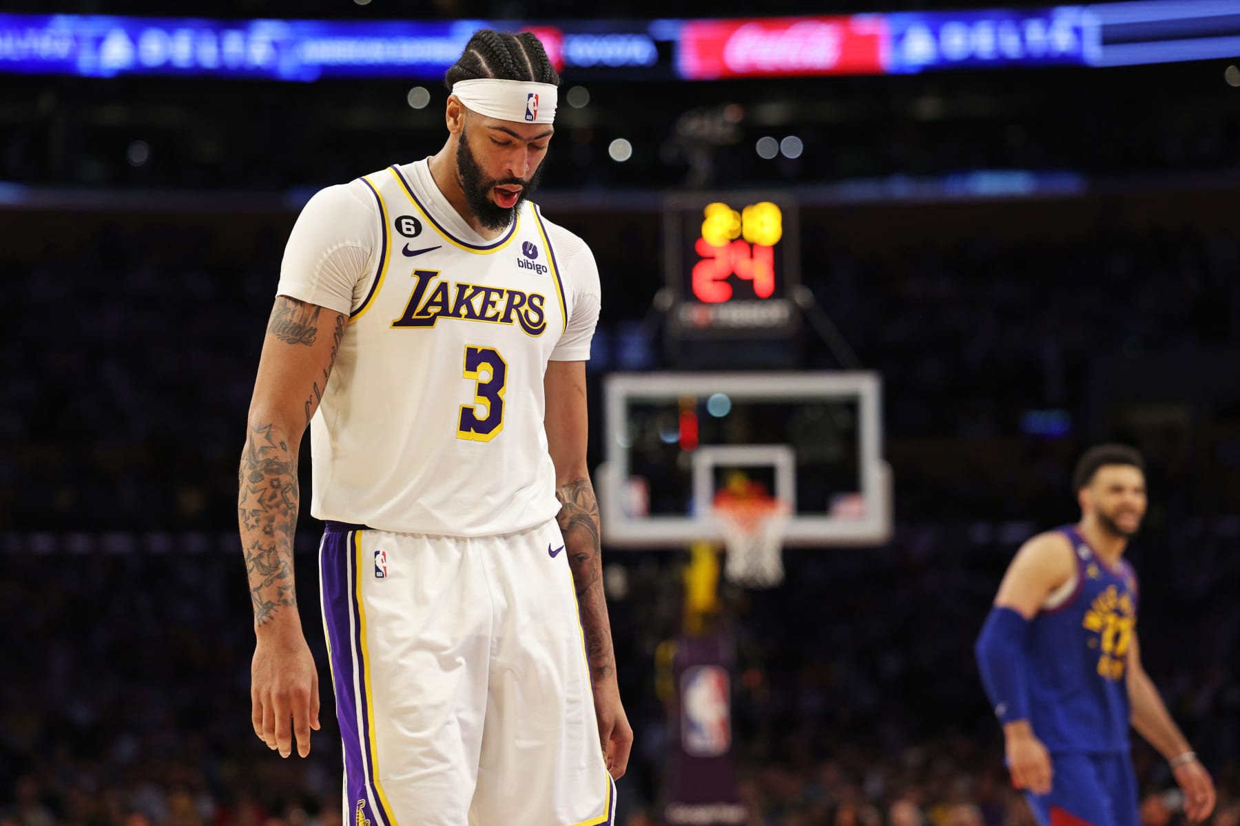 LOS ANGELES, CALIFORNIA - MAY 20: Anthony Davis #3 of the Los Angeles Lakers reacts to a foul during the fourth quarter against the Denver Nuggets in game three of the Western Conference Finals at Crypto.com Arena on May 20, 2023 in Los Angeles, California. NOTE TO USER: User expressly acknowledges and agrees that, by downloading and or using this photograph, User is consenting to the terms and conditions of the Getty Images License Agreement. (Photo by Harry How/Getty Images)