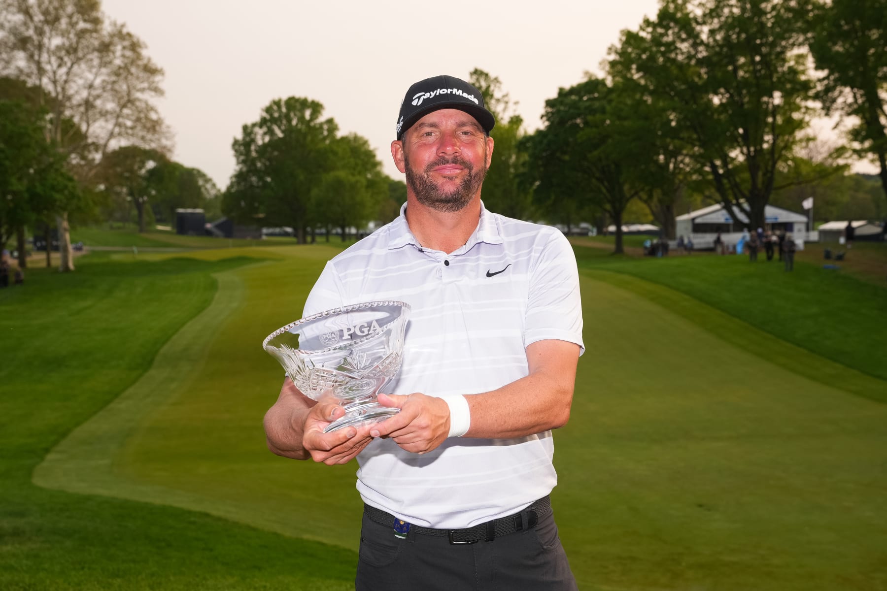 ROCHESTER, NY - MAY 21: The 2023 Low PGA Professional, Michael Block, poses with his award after the final round of the PGA Championship at Oak Hill Country Club on Sunday, May 21, 2023 in Rochester, New York. (Photo by Darren Carroll/PGA of America via Getty Images)