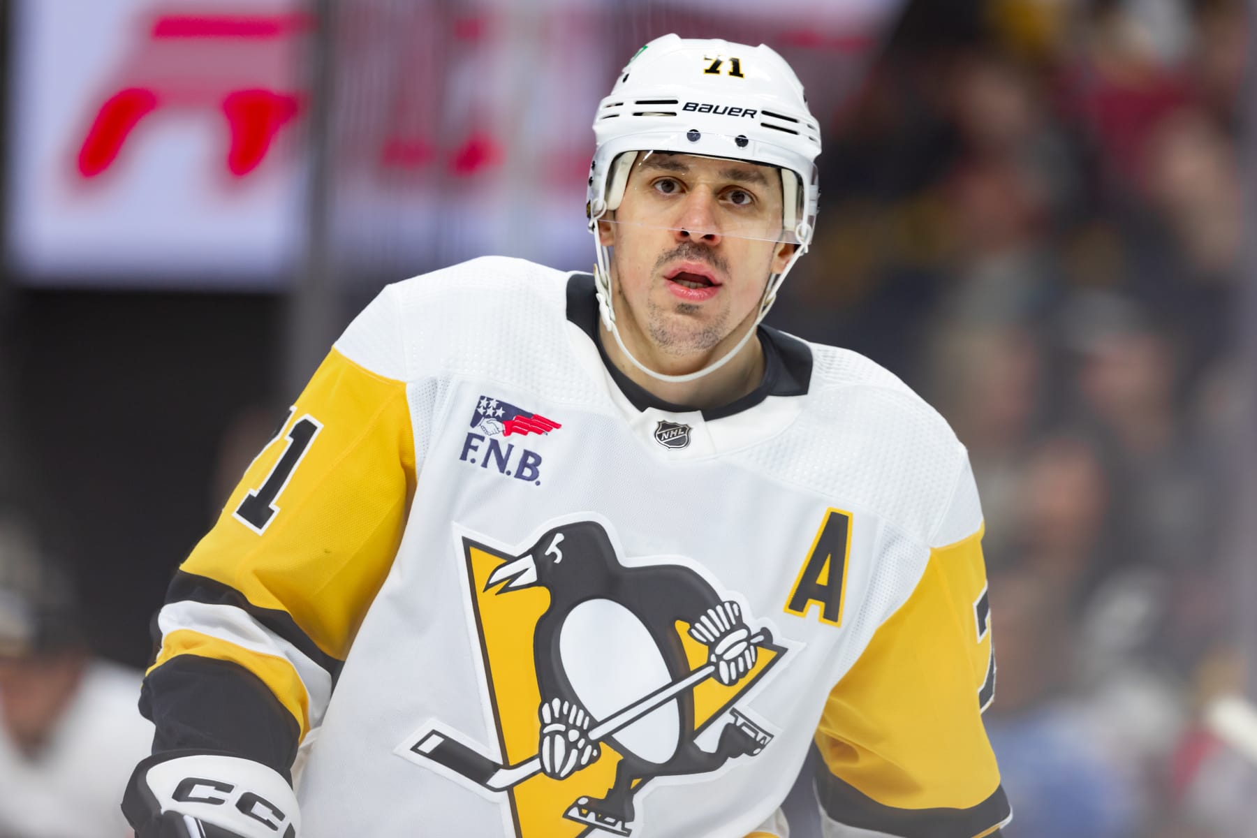 OTTAWA, ON - MARCH 12: Pittsburgh Penguins Center Evgeni Malkin (71) before a face-off during third period National Hockey League action between the Pittsburgh Penguins and Ottawa Senators on March 12, 2024, at Canadian Tire Centre in Ottawa, ON, Canada. (Photo by Richard A. Whittaker/Icon Sportswire via Getty Images)