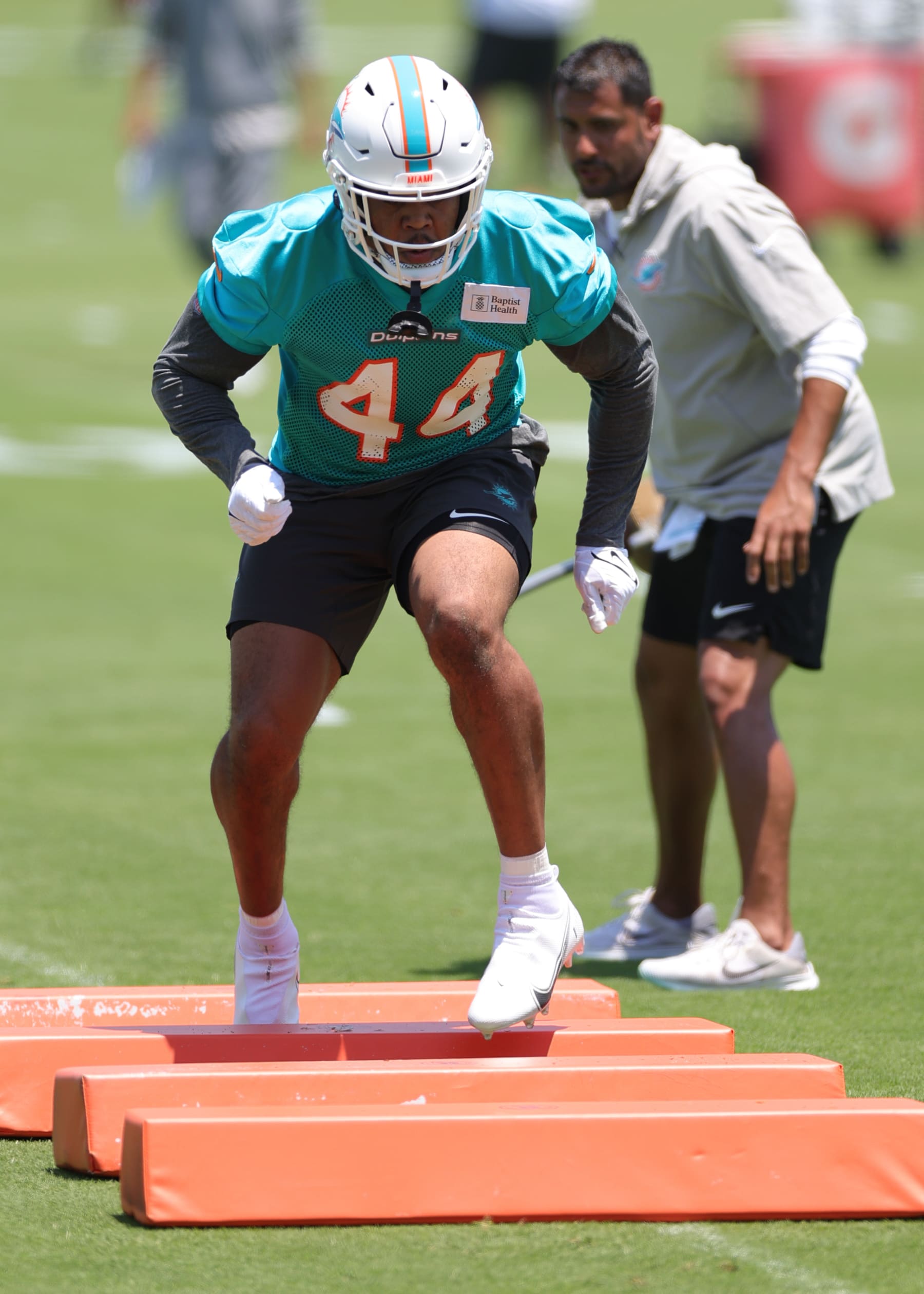 MIAMI GARDENS, FLORIDA - MAY 10: Chop Robinson #44 of the Miami Dolphins participates in rookie minicamp on May 10, 2024 in Miami Gardens, Florida. (Photo by Carmen Mandato/Getty Images)