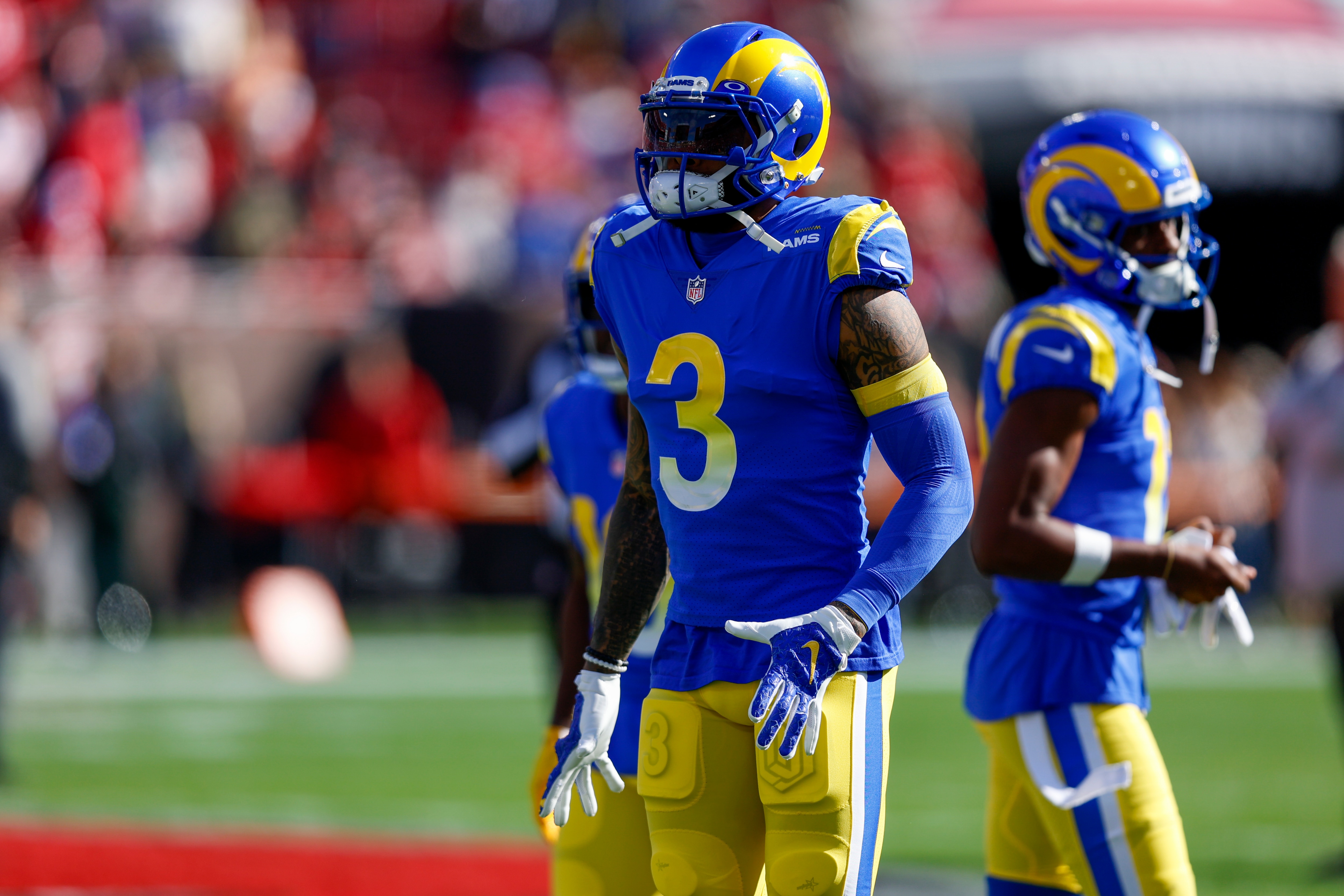 TAMPA, FL - JANUARY 23: Los Angeles Rams wide receiver Odell Beckham Jr. (3) before the NFC Divisional playoff game between the Los Angeles Rams and the Tampa Bay Buccaneers on January 23, 2022, at Raymond James Stadium in Tampa , FL. (Photo by Jordon Kelly/Icon Sportswire via Getty Images)