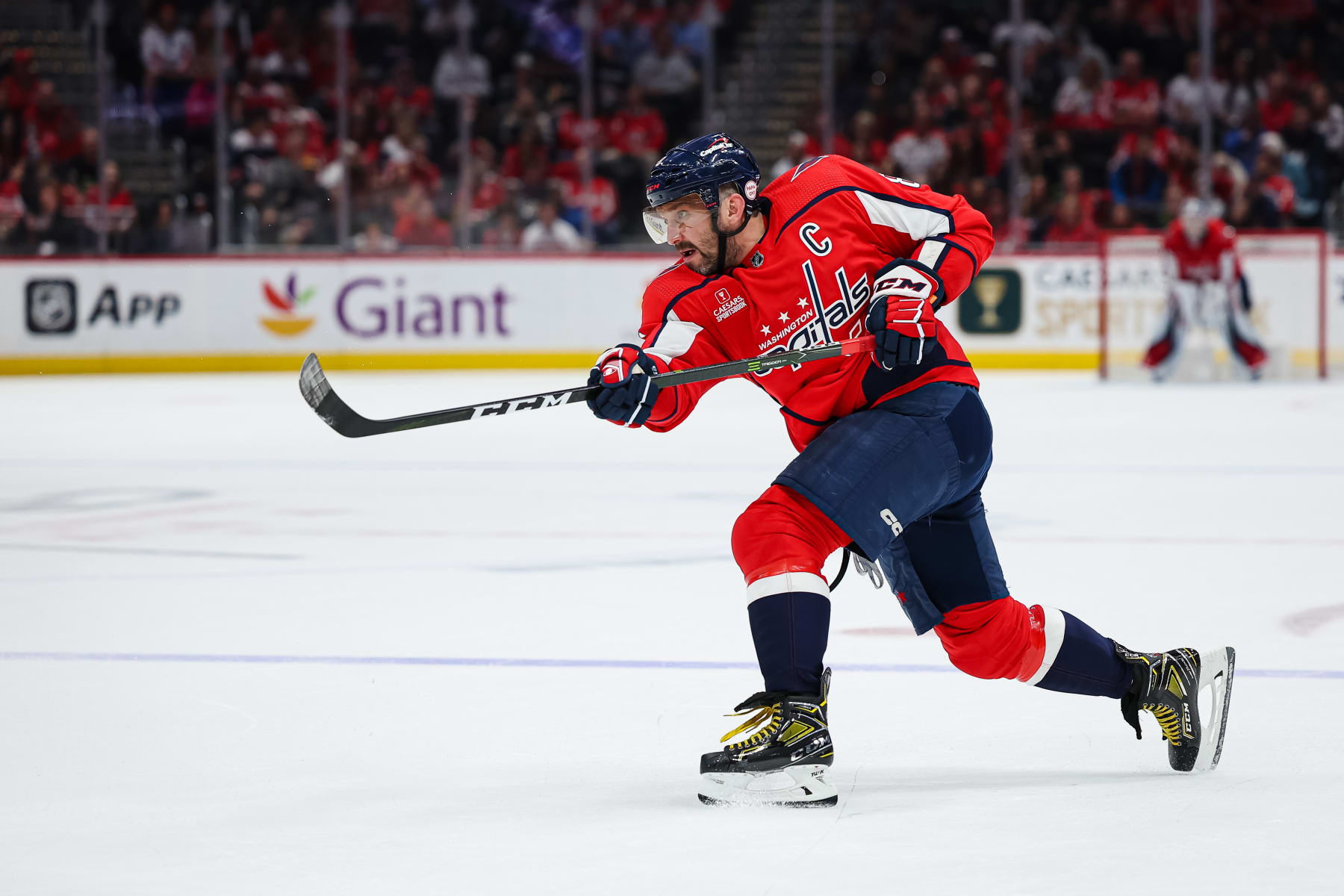 WASHINGTON, DC - APRIL 13: Alex Ovechkin #8 of the Washington Capitals shoots the puck against the New Jersey Devils during the second period at Capital One Arena on April 13, 2023 in Washington, DC. (Photo by Scott Taetsch/Getty Images)