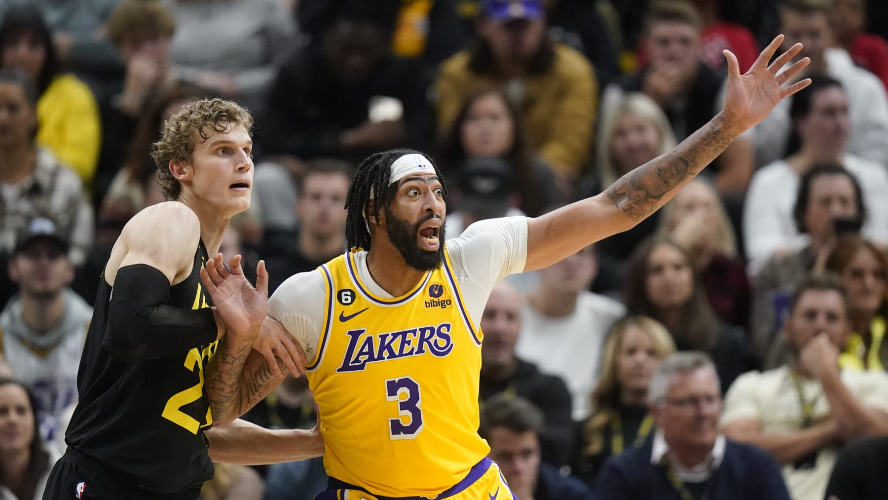 Utah Jazz forward Lauri Markkanen (23) defends against Los Angeles Lakers forward Anthony Davis (3) during the first half of an NBA basketball game Monday, Nov. 7, 2022, in Salt Lake City. (AP Photo/Rick Bowmer)