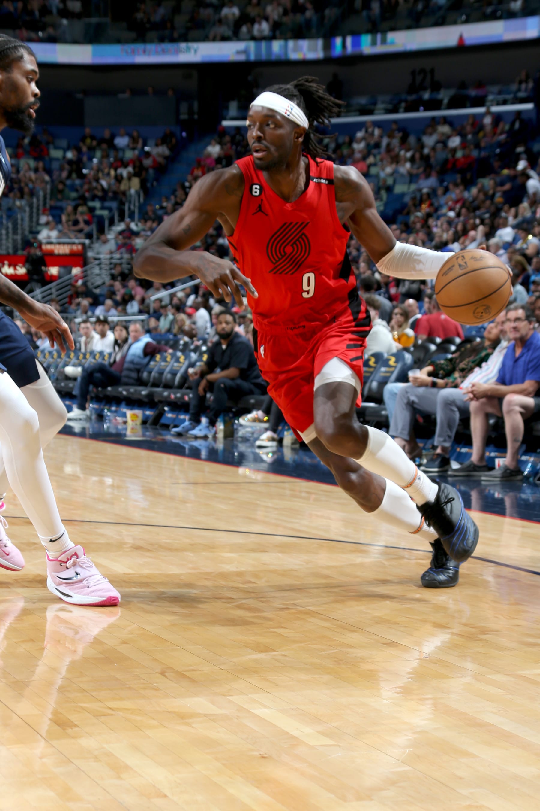 NEW ORLEANS, LA - MARCH 12: Jerami Grant #9 of the Portland Trail Blazers moves the ball during the game against the New Orleans Pelicans on March 12, 2023 at the Smoothie King Center in New Orleans, Louisiana. NOTE TO USER: User expressly acknowledges and agrees that, by downloading and or using this Photograph, user is consenting to the terms and conditions of the Getty Images License Agreement. Mandatory Copyright Notice: Copyright 2023 NBAE (Photo by Jonathan Bachman/NBAE via Getty Images)