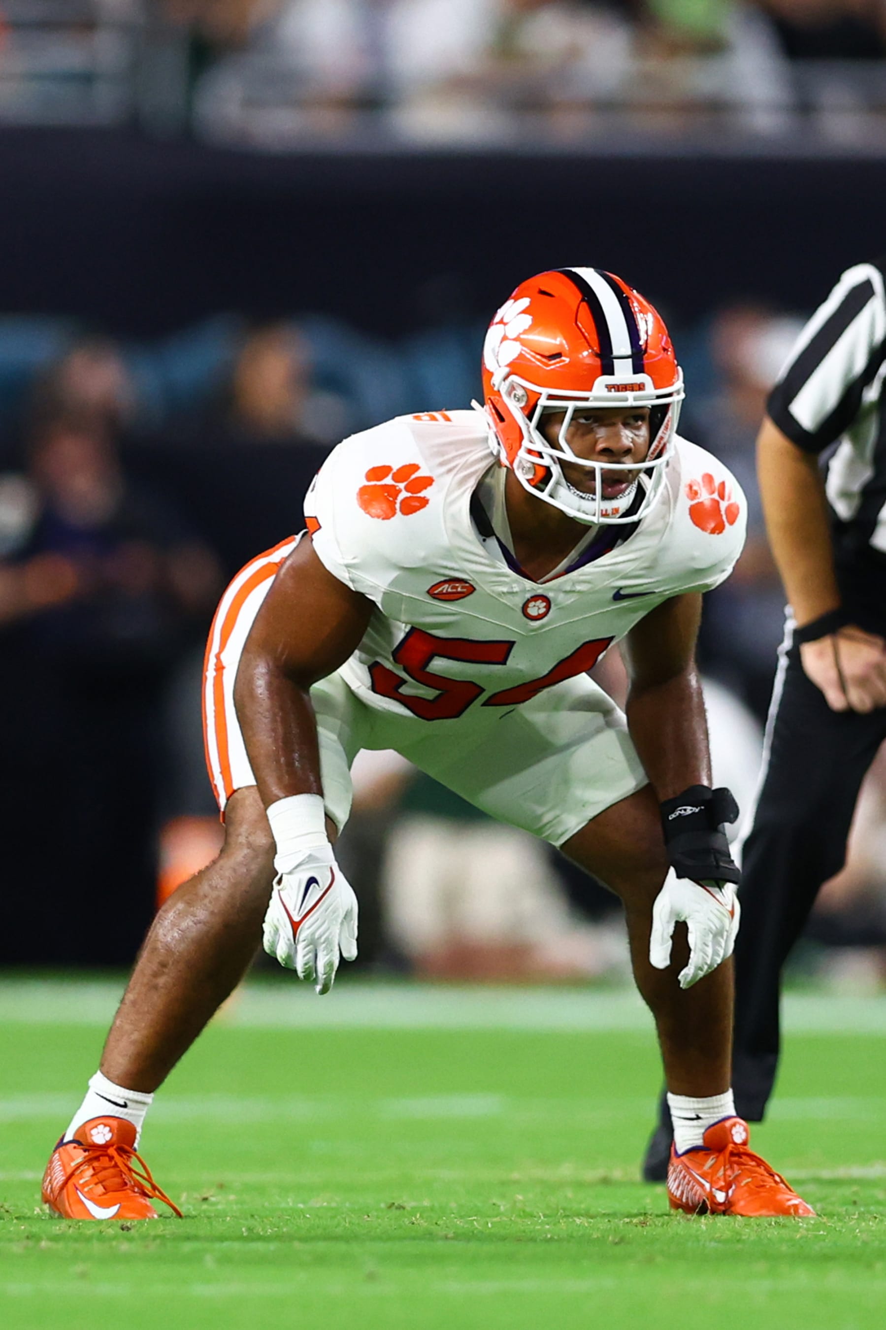 MIAMI GARDENS, FLORIDA - OCTOBER 21: Jeremiah Trotter Jr. #54 of the Clemson Tigers in action against the Miami Hurricanes during the second half of the game at Hard Rock Stadium on October 21, 2023 in Miami Gardens, Florida. (Photo by Megan Briggs/Getty Images)