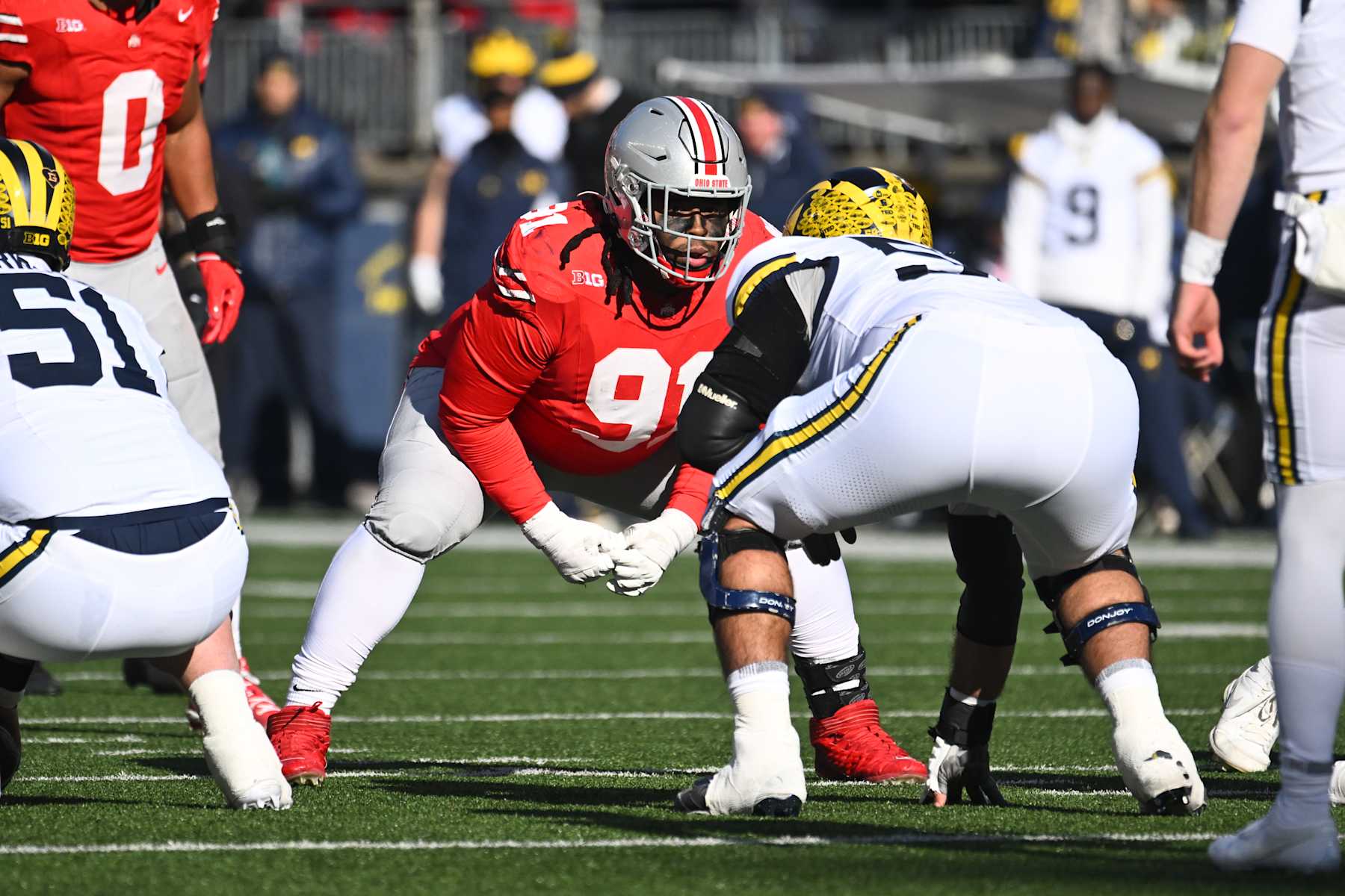COLUMBUS, OHIO - NOVEMBER 30: Tyleik Williams #91 of the Ohio State Buckeyes lines up prior to a play during the second quarter of a game against the Michigan Wolverines at Ohio Stadium on November 30, 2024 in Columbus, Ohio. (Photo by Ben Jackson/Getty Images)