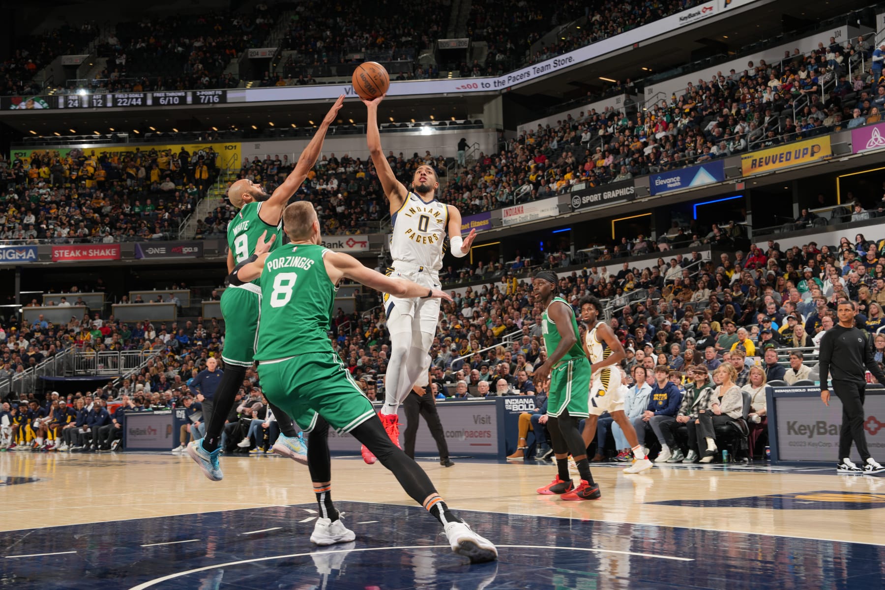 INDIANAPOLIS, IN - JANUARY 8: Tyrese Haliburton #0 of the Indiana Pacers drives to the basket during the game against the Boston Celtics on January 8, 2024 at Gainbridge Fieldhouse in Indianapolis, Indiana. NOTE TO USER: User expressly acknowledges and agrees that, by downloading and or using this Photograph, user is consenting to the terms and conditions of the Getty Images License Agreement. Mandatory Copyright Notice: Copyright 2024 NBAE (Photo by Jesse D. Garrabrant/NBAE via Getty Images)