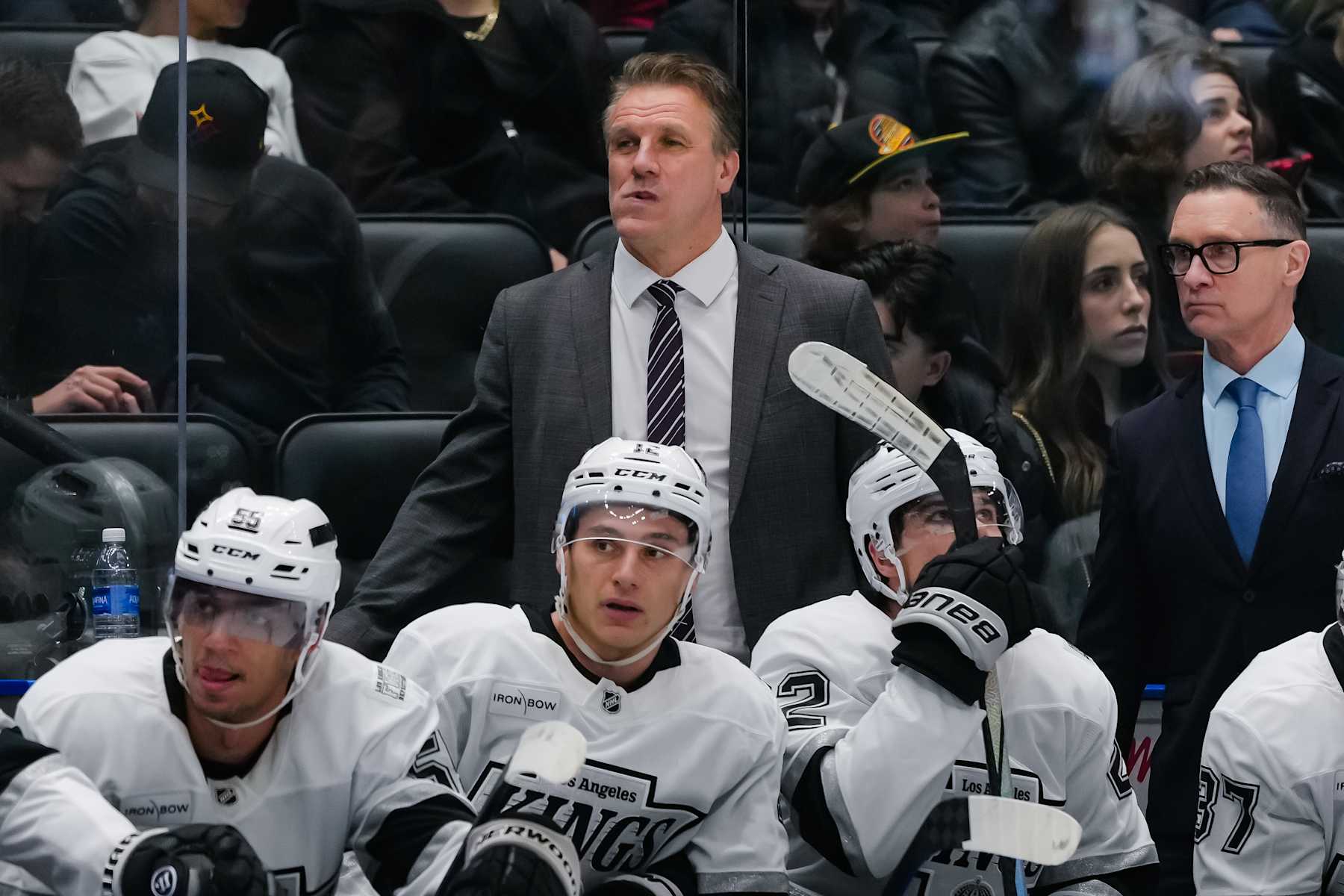 VANCOUVER, CANADA - JANUARY 16: Los Angeles Kings head coach Jim Hiller  looks on during the first period of their NHL game against the Vancouver Canucks at Rogers Arena on January 16, 2025 in Vancouver, British Columbia, Canada. (Photo by Derek Cain/Getty Images)