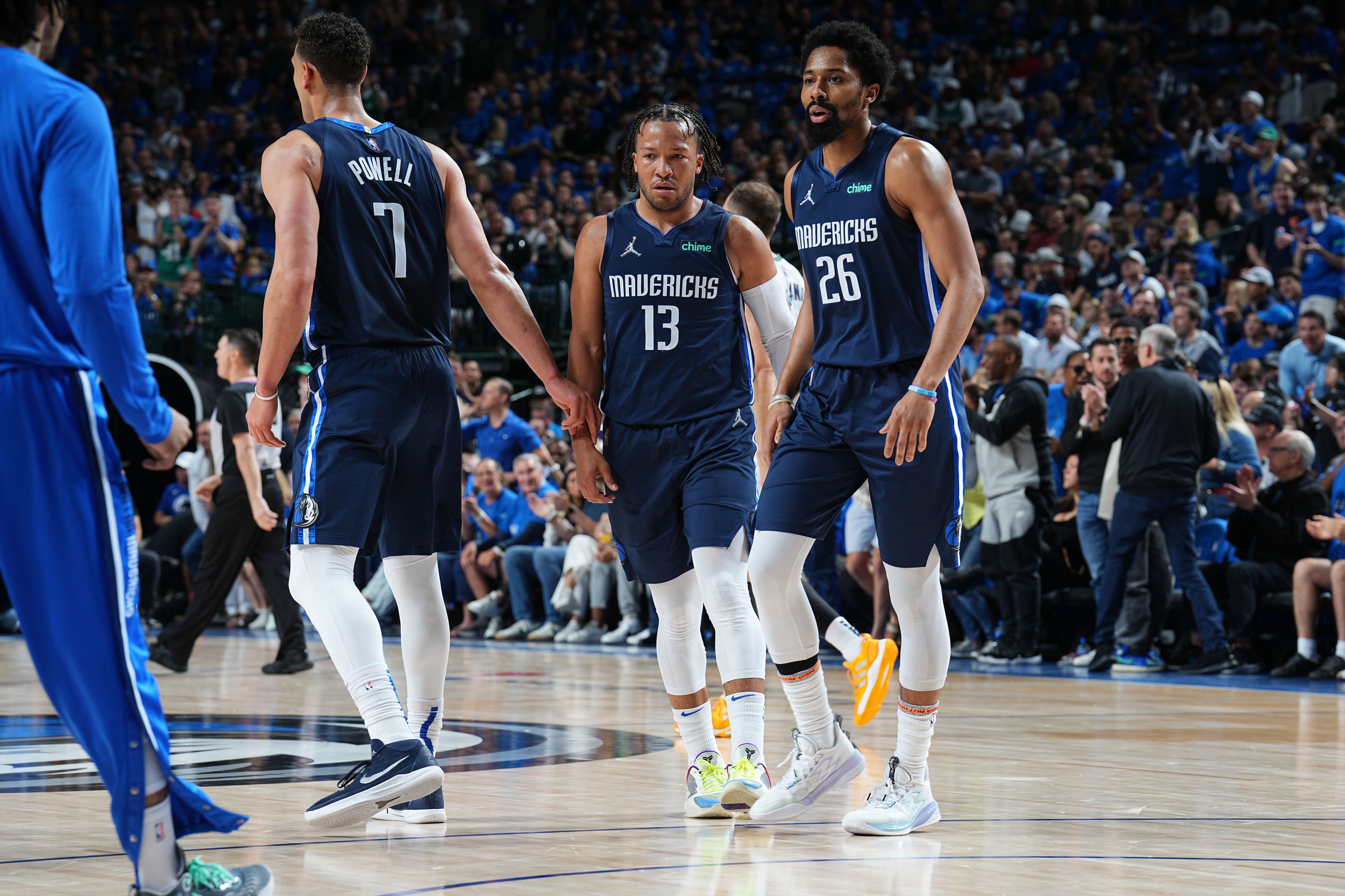 DALLAS, TX - APRIL 16: Jalen Brunson #13 and Spencer Dinwiddie #26 of the Dallas Mavericks look on during the game against the Utah Jazz during Round 1 Game 1 of the 2022 NBA Playoffs on April 16, 2022 at the American Airlines Center in Dallas, Texas. NOTE TO USER: User expressly acknowledges and agrees that, by downloading and or using this photograph, User is consenting to the terms and conditions of the Getty Images License Agreement. Mandatory Copyright Notice: Copyright 2022 NBAE (Photo by Glenn James/NBAE via Getty Images)
