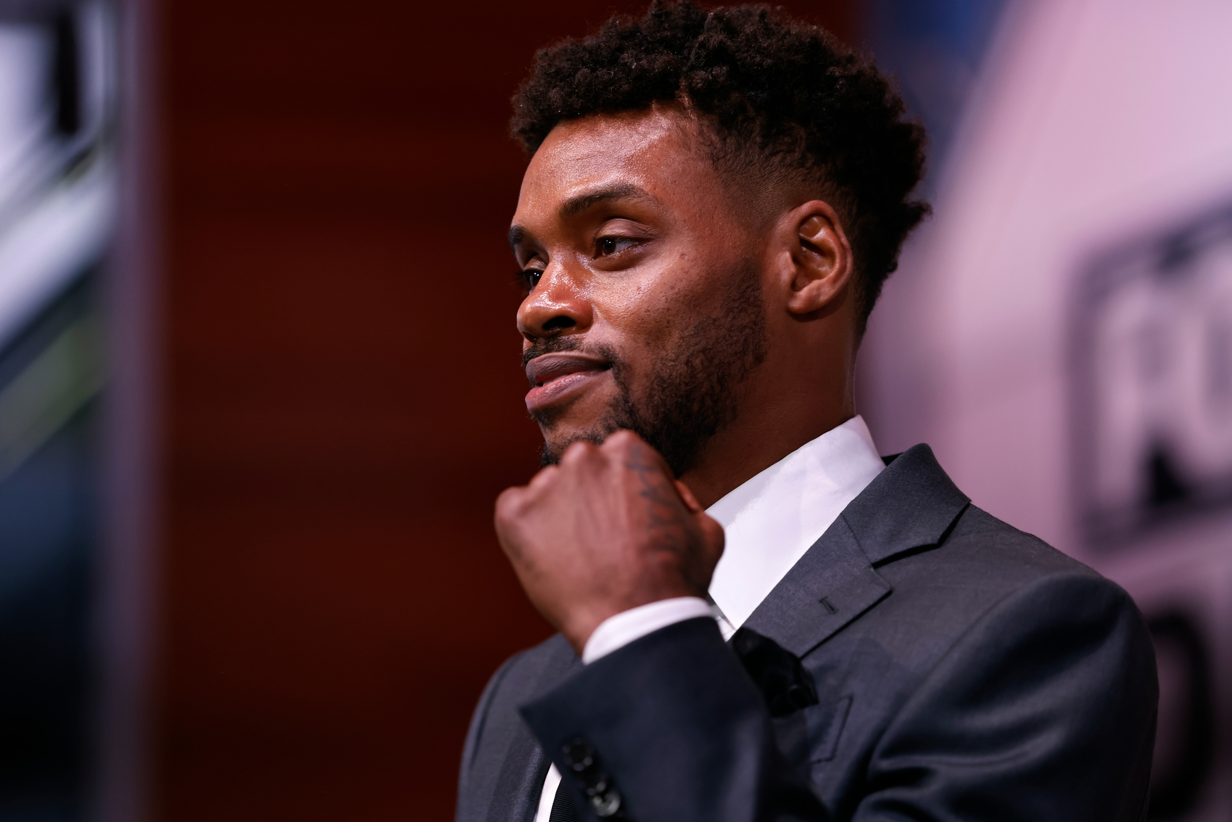 LOS ANGELES, CALIFORNIA - JULY 11: Errol Spence Jr takes the stage during a press conference with Manny Pacquiao at Fox Studios on July 11, 2021 in Los Angeles, California. Their fight is scheduled on Aug. 21, 2021 at T-Mobile Arena in Las Vegas, Nevada. (Photo by Michael Owens/Getty Images)