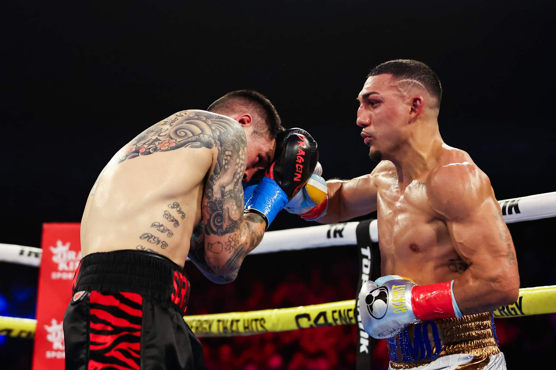 MIAMI, FLORIDA - JUNE 29: Teofimo Lopez punches Steve Claggett during the WBO and Ring Magazine Junior Welterweight World Title bout at James L. Knight Center on June 29, 2024 in Miami, Florida. (Photo by Kelly Gavin/Getty Images)