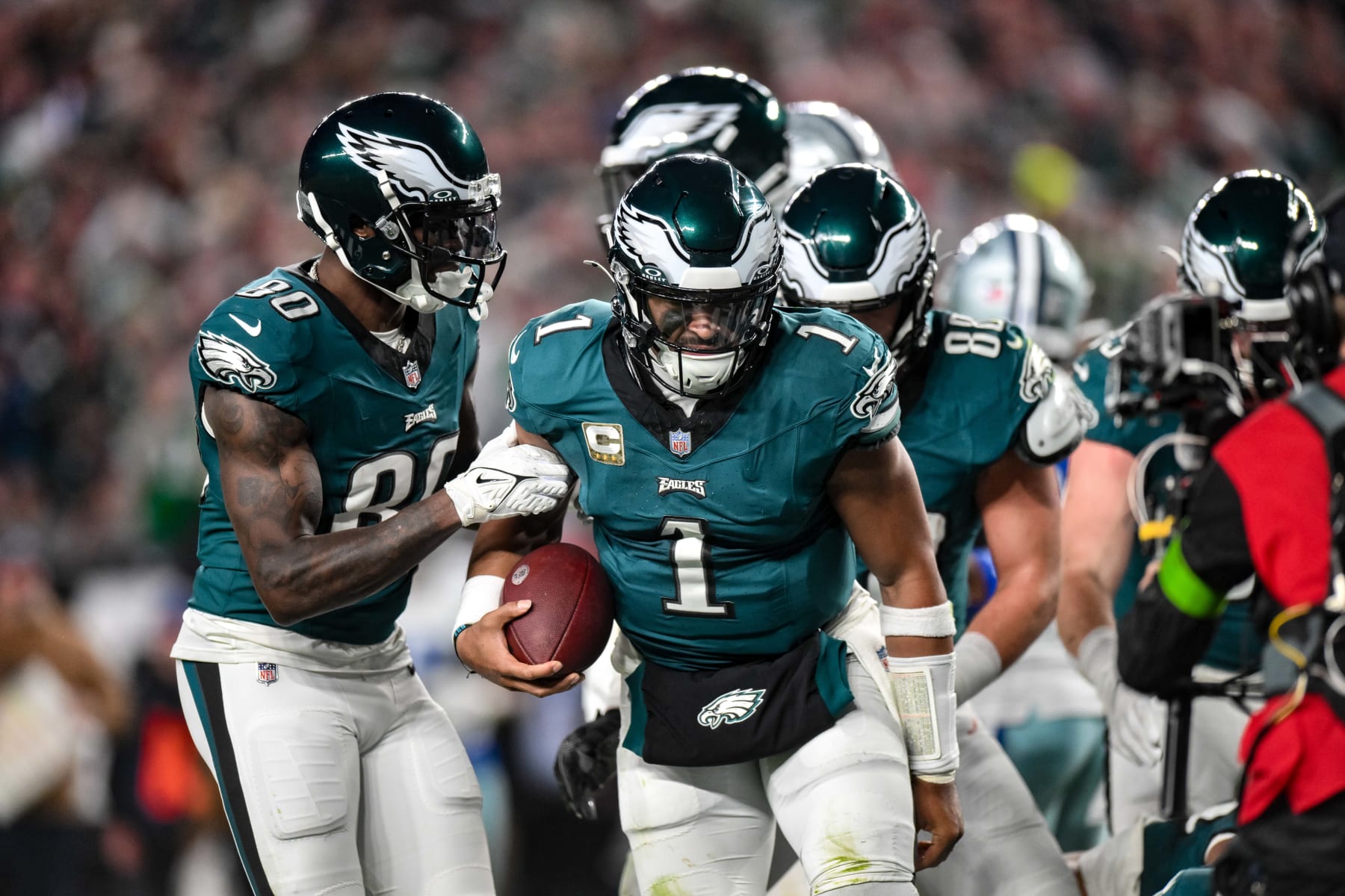 PHILADELPHIA, PA - NOVEMBER 05: Philadelphia Eagles quarterback Jalen Hurts (1) reacts after scoring a touchdown during the first half of the NFL game between the Dallas Cowboys and Philadelphia Eagles on November 5, 2023 at Lincoln Financial Field in Philadelphia, PA (Photo by John Jones/Icon Sportswire via Getty Images)