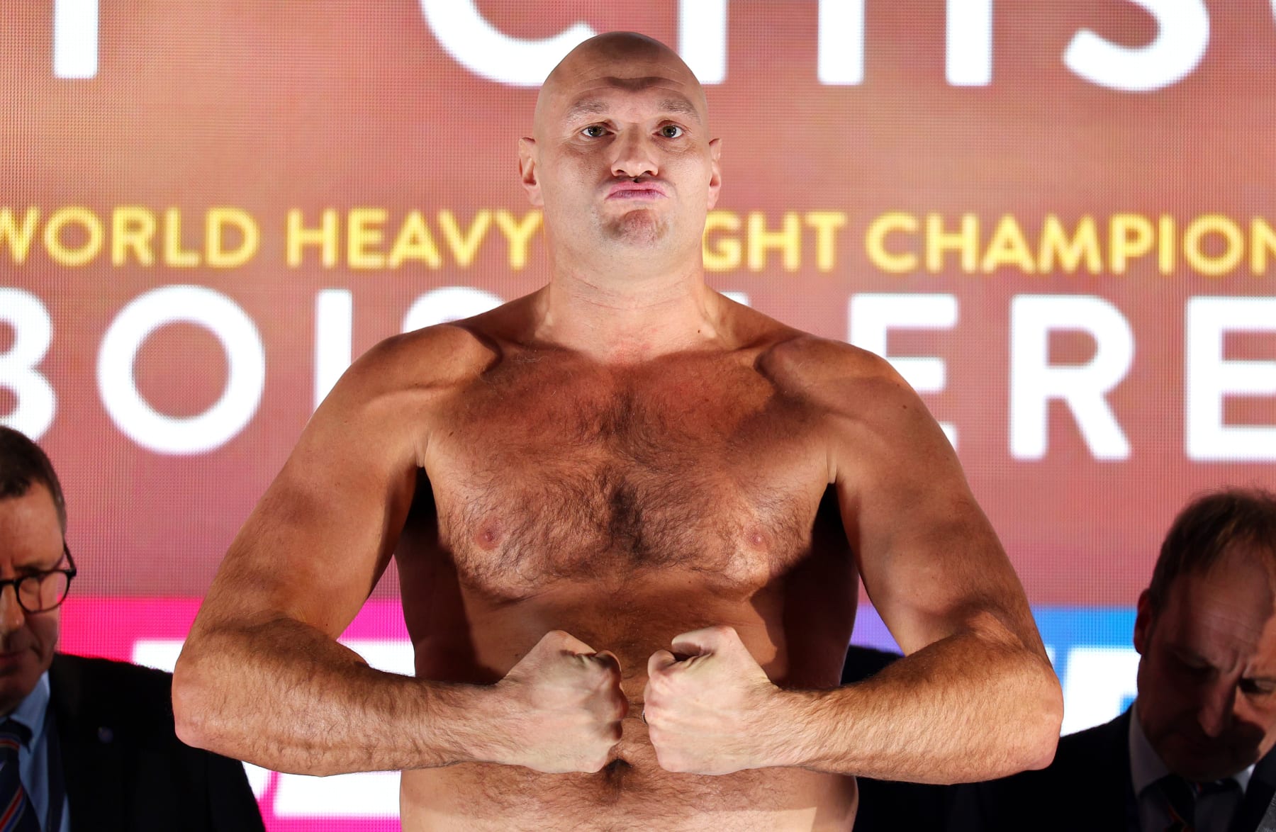LONDON, ENGLAND - DECEMBER 02: Tyson Fury weighs in during the Tyson Fury v Derek Chisora: Weigh-In at Business Design Centre on December 02, 2022 in London, England. (Photo by Andrew Redington/Getty Images)