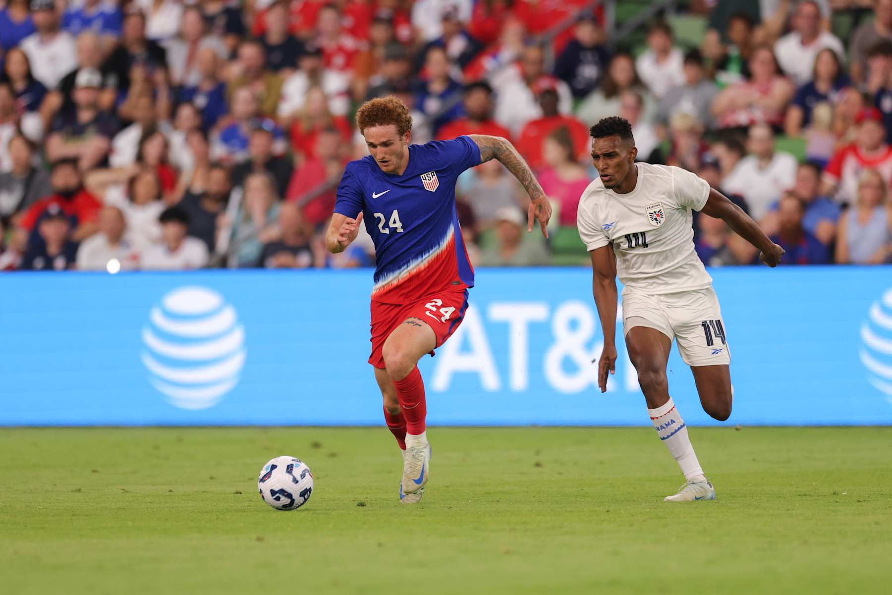 AUSTIN, TEXAS - OCTOBER 12: Josh Sargent #24 of the United States is defended by Jiovany Ramos #14 of Panama during the second half at Q2 Stadium on October 12, 2024 in Austin, Texas. (Photo by John Dorton/ISI Photos/USSF/Getty Images)