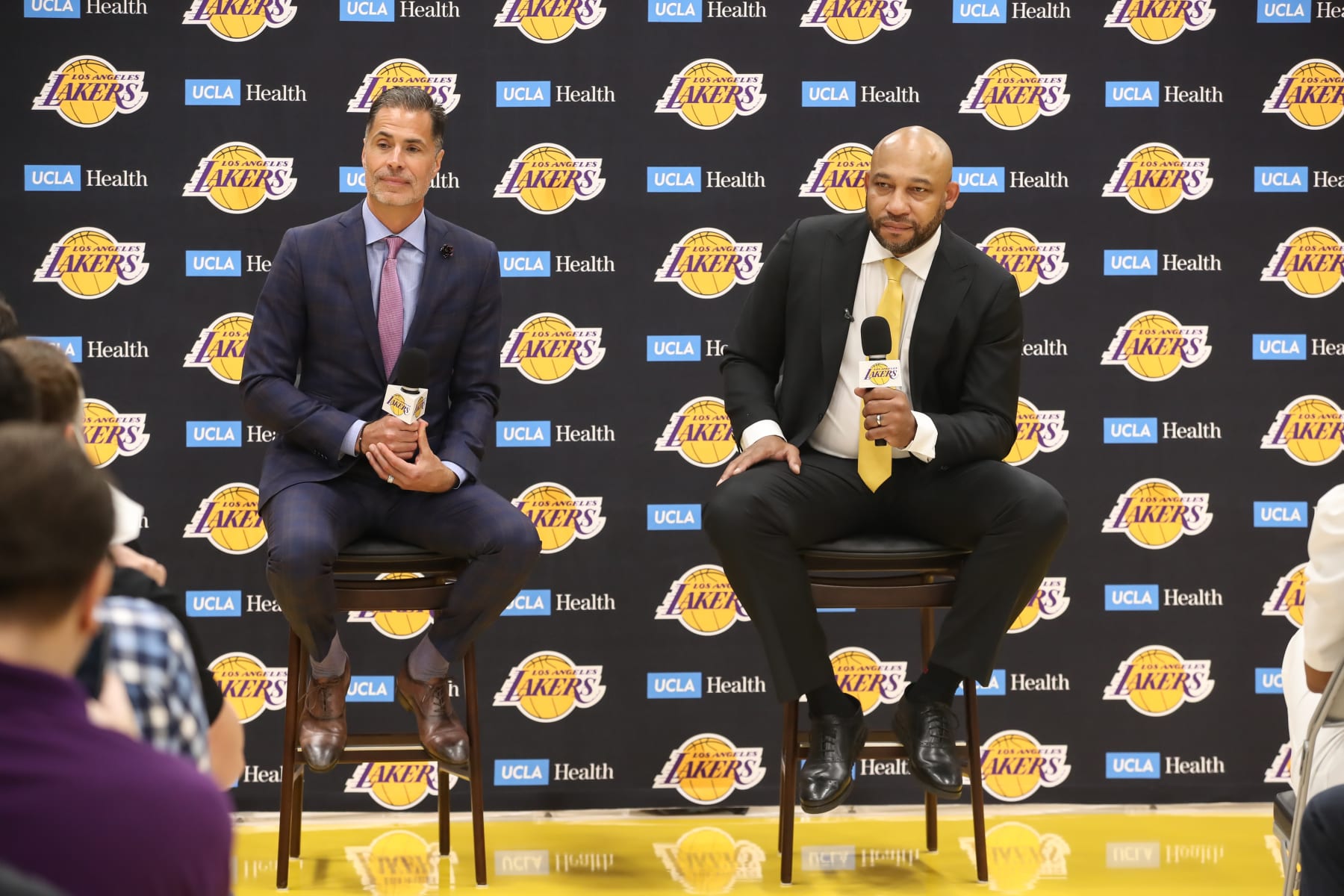 EL SEGUNDO, CA - JUNE 06: Vice President of Operations of the Los Angeles Lakers Rob Pelinka and Lakers coach Darvin Ham during the Darvin Hams introductory press conference on June 06, 2022, at the UCLA Health Training Center in El Segundo, CA. (Photo by Jevone Moore/Icon Sportswire via Getty Images)