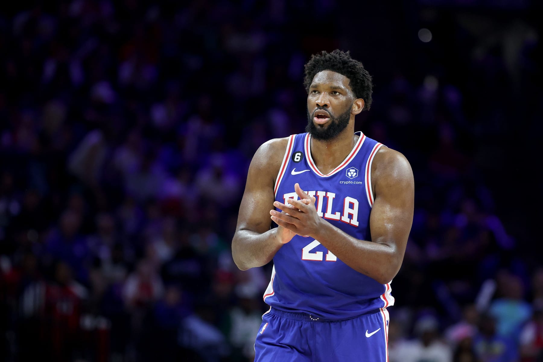 PHILADELPHIA, PENNSYLVANIA - MAY 07: Joel Embiid #21 of the Philadelphia 76ers celebrates against the Boston Celtics during the third quarter in game four of the Eastern Conference Second Round Playoffs at Wells Fargo Center on May 07, 2023 in Philadelphia, Pennsylvania. NOTE TO USER: User expressly acknowledges and agrees that, by downloading and or using this photograph, User is consenting to the terms and conditions of the Getty Images License Agreement. (Photo by Tim Nwachukwu/Getty Images)