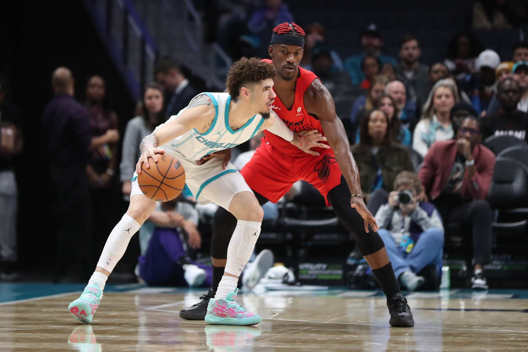 CHARLOTTE, NC - NOVEMBER 27: LaMelo Ball #1 of the Charlotte Hornets dribbles the ball during the game against the Miami Heat  on November 27, 2024 at Spectrum Center in Charlotte, North Carolina. NOTE TO USER: User expressly acknowledges and agrees that, by downloading and or using this photograph, User is consenting to the terms and conditions of the Getty Images License Agreement. Mandatory Copyright Notice: Copyright 2024 NBAE (Photo by Brock Williams-Smith/NBAE via Getty Images)