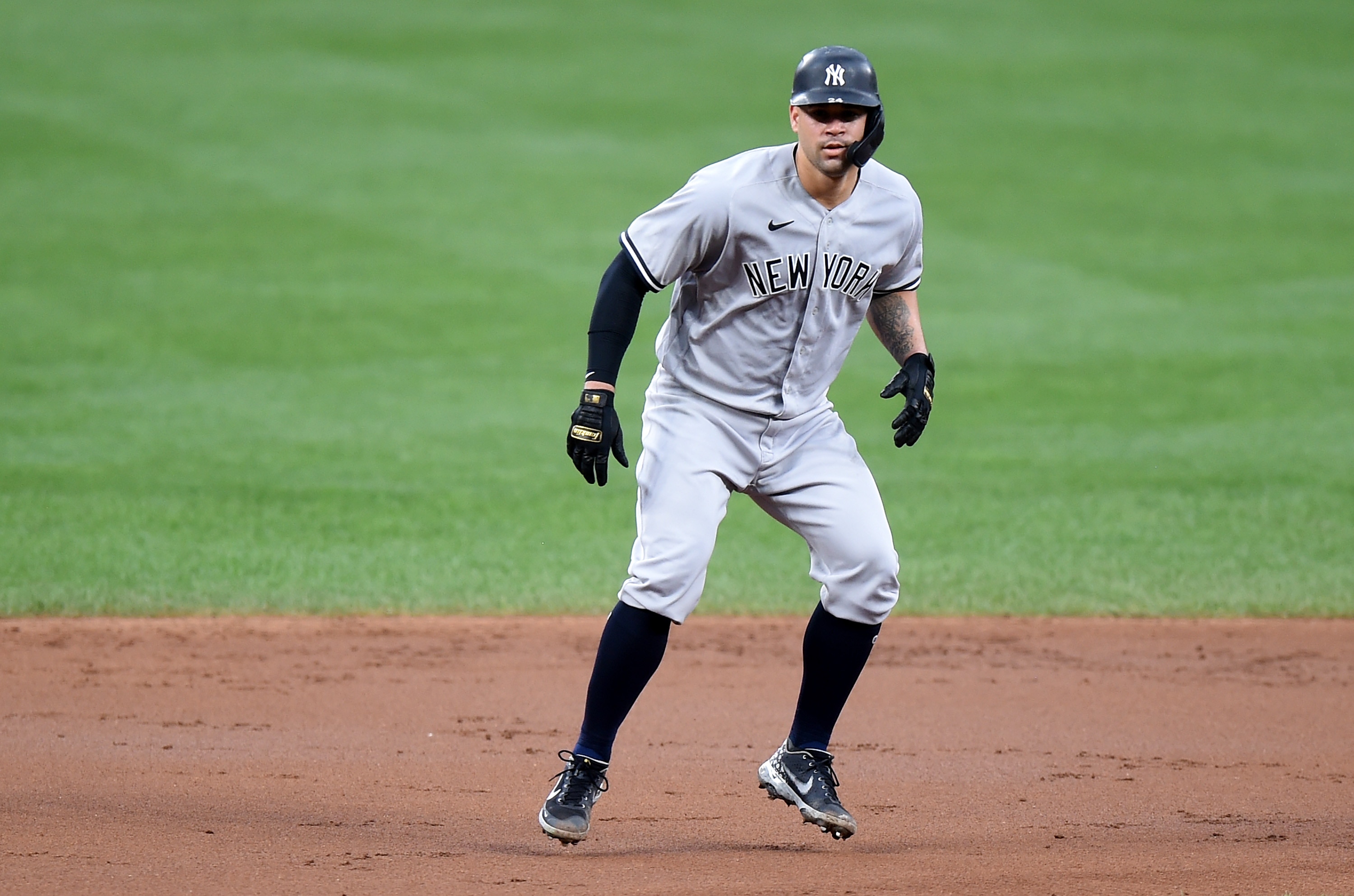 BALTIMORE, MARYLAND - SEPTEMBER 16: Gary Sanchez #24 of the New York Yankees takes a lead off of second base against the Baltimore Orioles at Oriole Park at Camden Yards on September 16, 2021 in Baltimore, Maryland. (Photo by G Fiume/Getty Images)