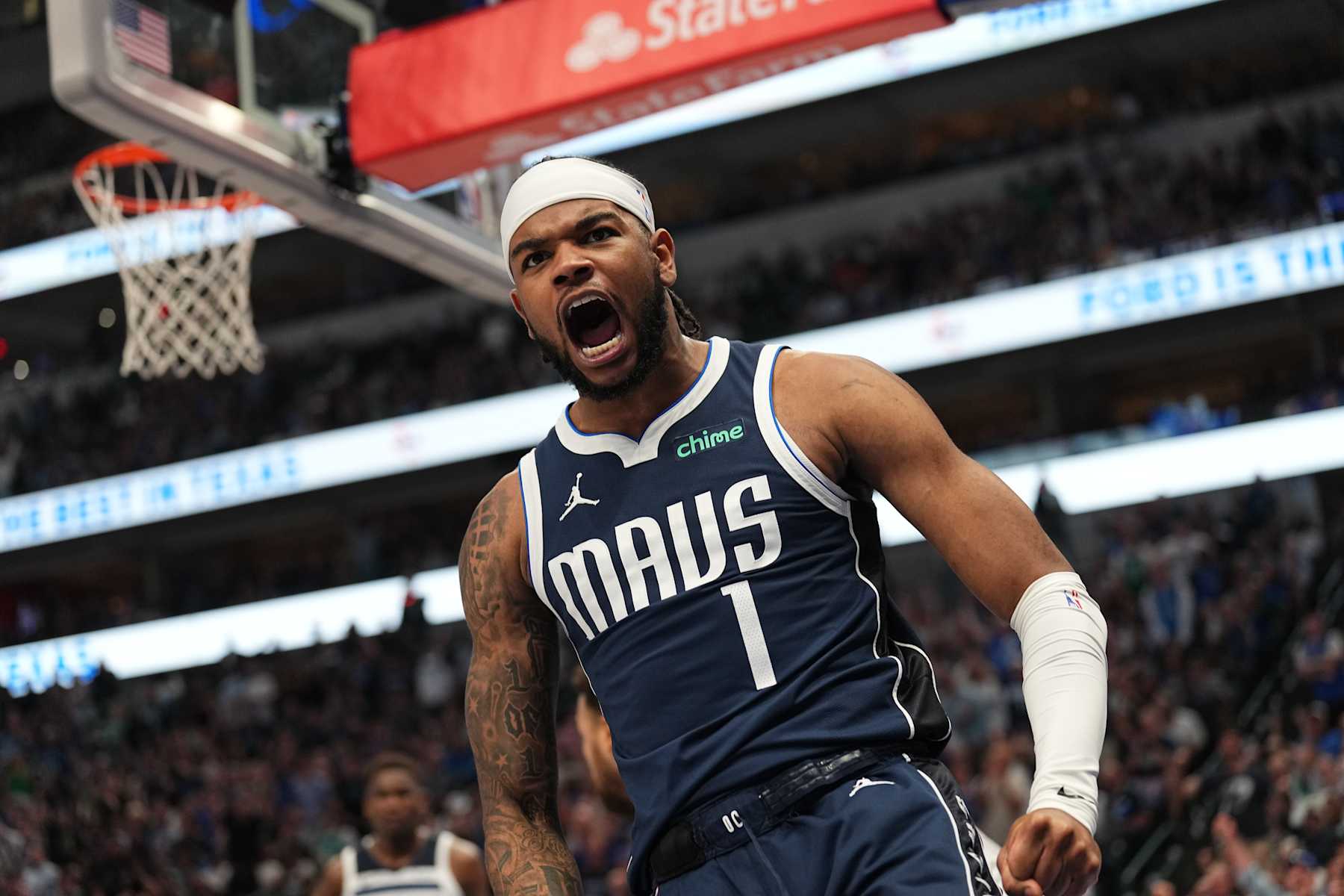 DALLAS, TX - MAY 28: Jaden Hardy #1 of the Dallas Mavericks celebrates during the game against the Minnesota Timberwolves during Game 4 of the Western Conference Finals of the 2024 NBA Playoffs on May 28, 2024 at the American Airlines Center in Dallas, Texas. NOTE TO USER: User expressly acknowledges and agrees that, by downloading and or using this photograph, User is consenting to the terms and conditions of the Getty Images License Agreement. Mandatory Copyright Notice: Copyright 2024 NBAE (Photo by Glenn James/NBAE via Getty Images)