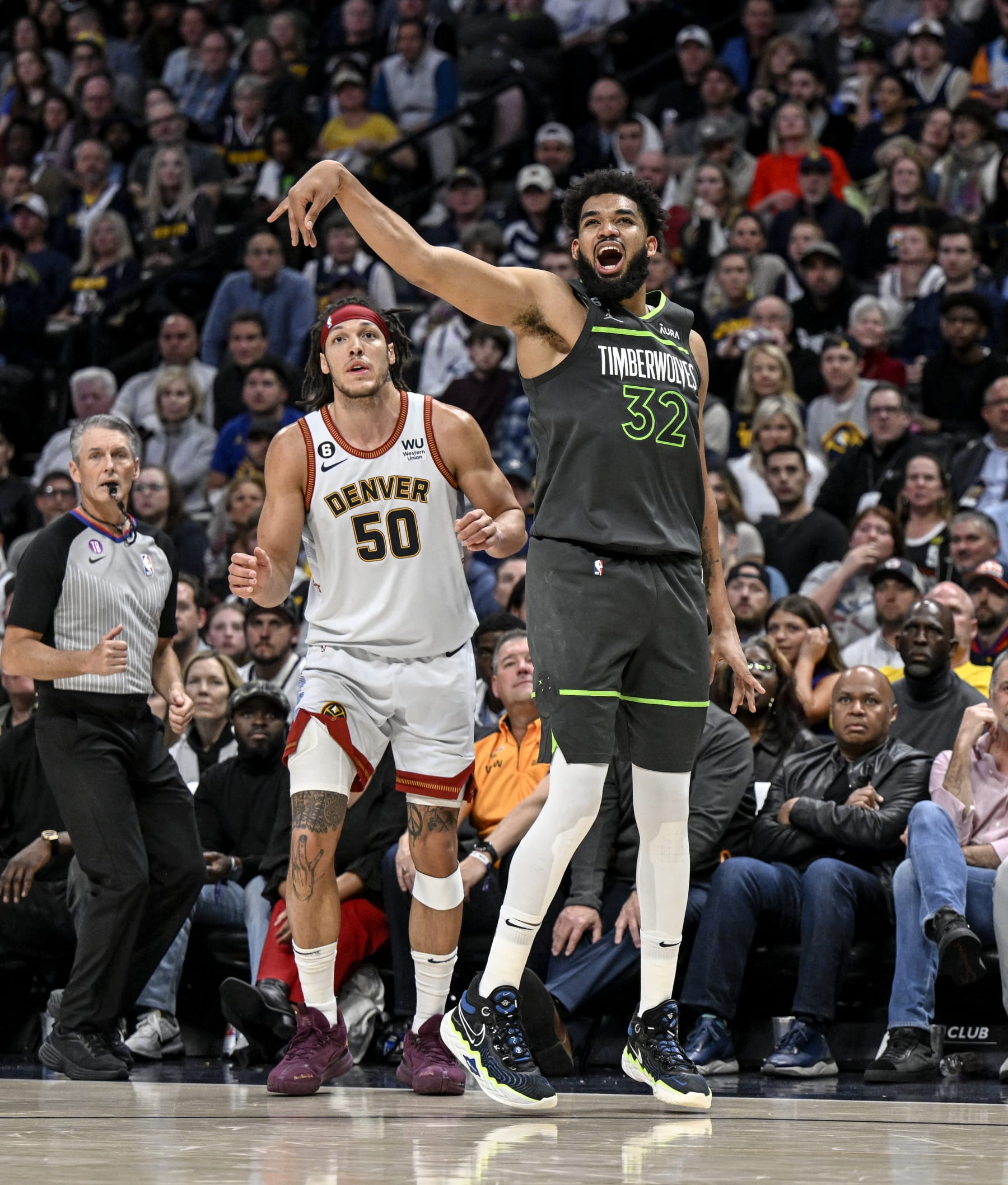 DENVER, CO - APRIL 25: Karl-Anthony Towns (32) of the Minnesota Timberwolves reacts to missing a shot as Aaron Gordon (50) of the Denver Nuggets defends during the fourth quarter of Denvers 112-109 win at Ball Arena in Denver on Tuesday, April 25, 2023. Denver clinched the best-of-seven series 4-1. (Photo by AAron Ontiveroz/MediaNews Group/The Denver Post via Getty Images)