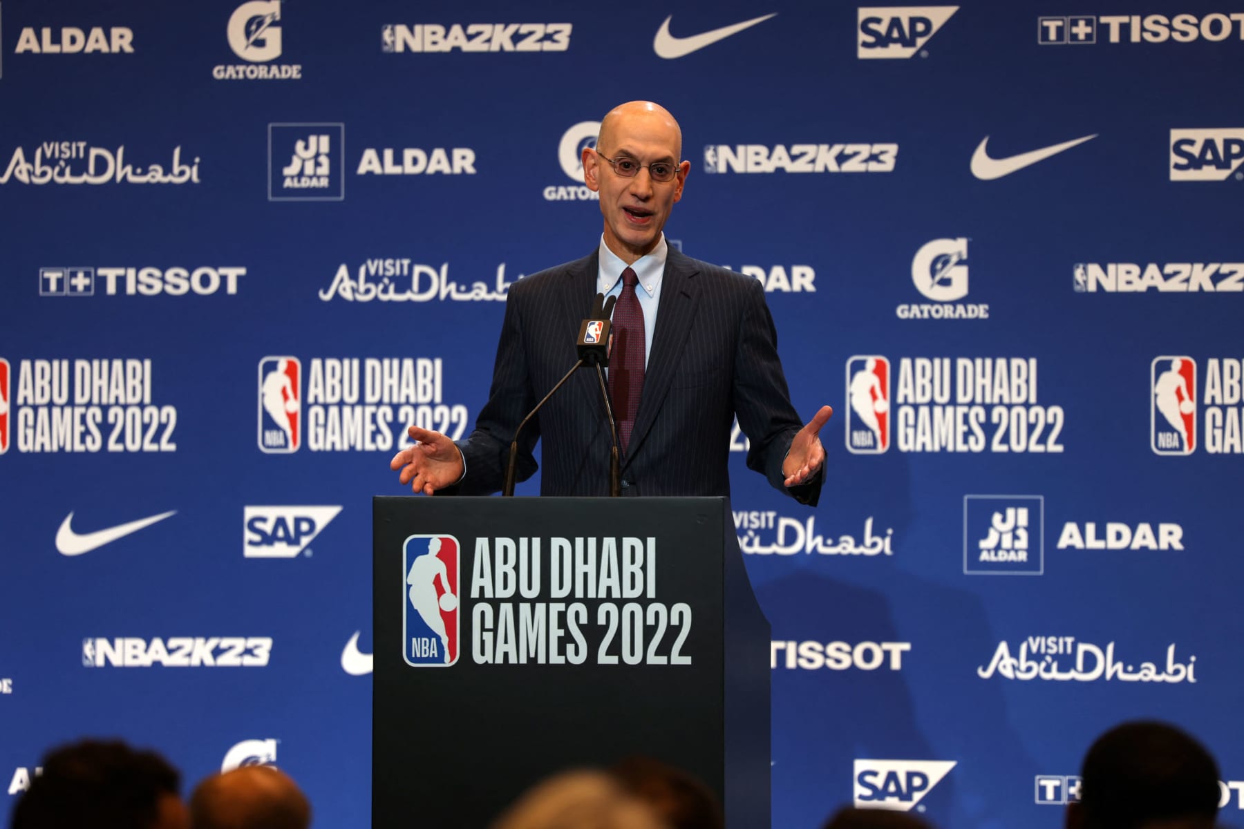 NBA Commissioner Adam Silver speaks during a presser ahead of the NBA pre-season basketball match between the Milwaukee Bucks and the Atlanta Hawks at the Etihad Arena on Yas Island in Abu Dhabi, on October 6, 2022. (Photo by KARIM SAHIB / AFP) (Photo by KARIM SAHIB/AFP via Getty Images)
