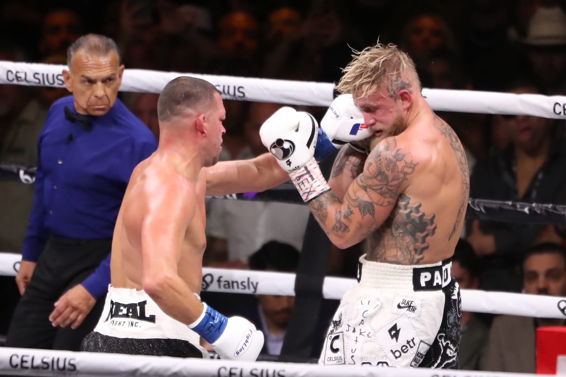 DALLAS, TEXAS - AUGUST 5: (L-R) Nate Diaz punches Jake Paul in their 8-round main-event Cruiserweight bout at Paul vs Diaz at American Airlines Center on August 5, 2023 in Dallas, Texas. (Photo by Alejandro Salazar/PxImages/Icon Sportswire via Getty Images)