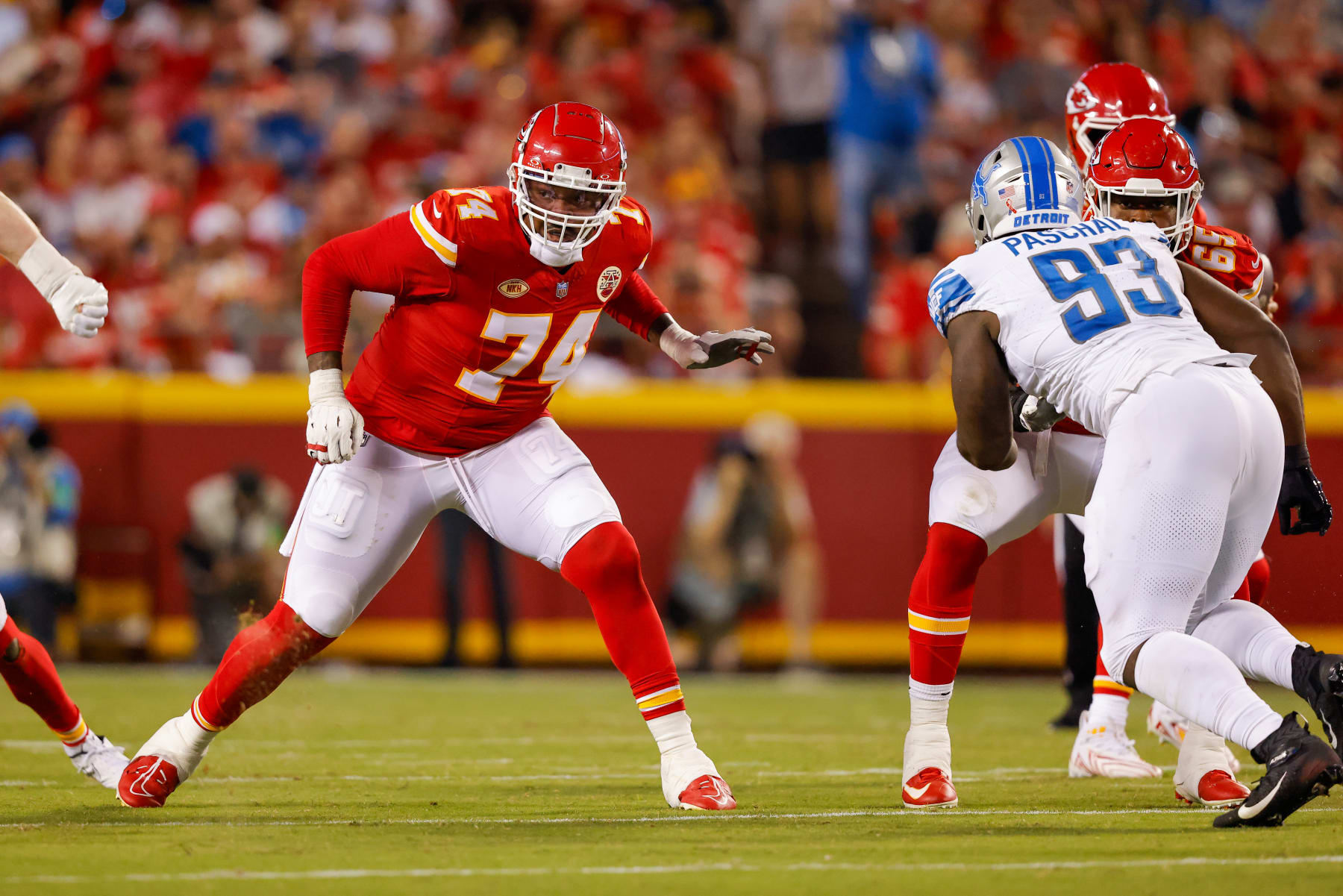 KANSAS CITY, MISSOURI - SEPTEMBER 7: Jawaan Taylor #74 of the Kansas City Chiefs prepares to block in the third quarter by the Detroit Lions at GEHA Field at Arrowhead Stadium on September 7, 2023 in Kansas City, Missouri. (Photo by David Eulitt/Getty Images)