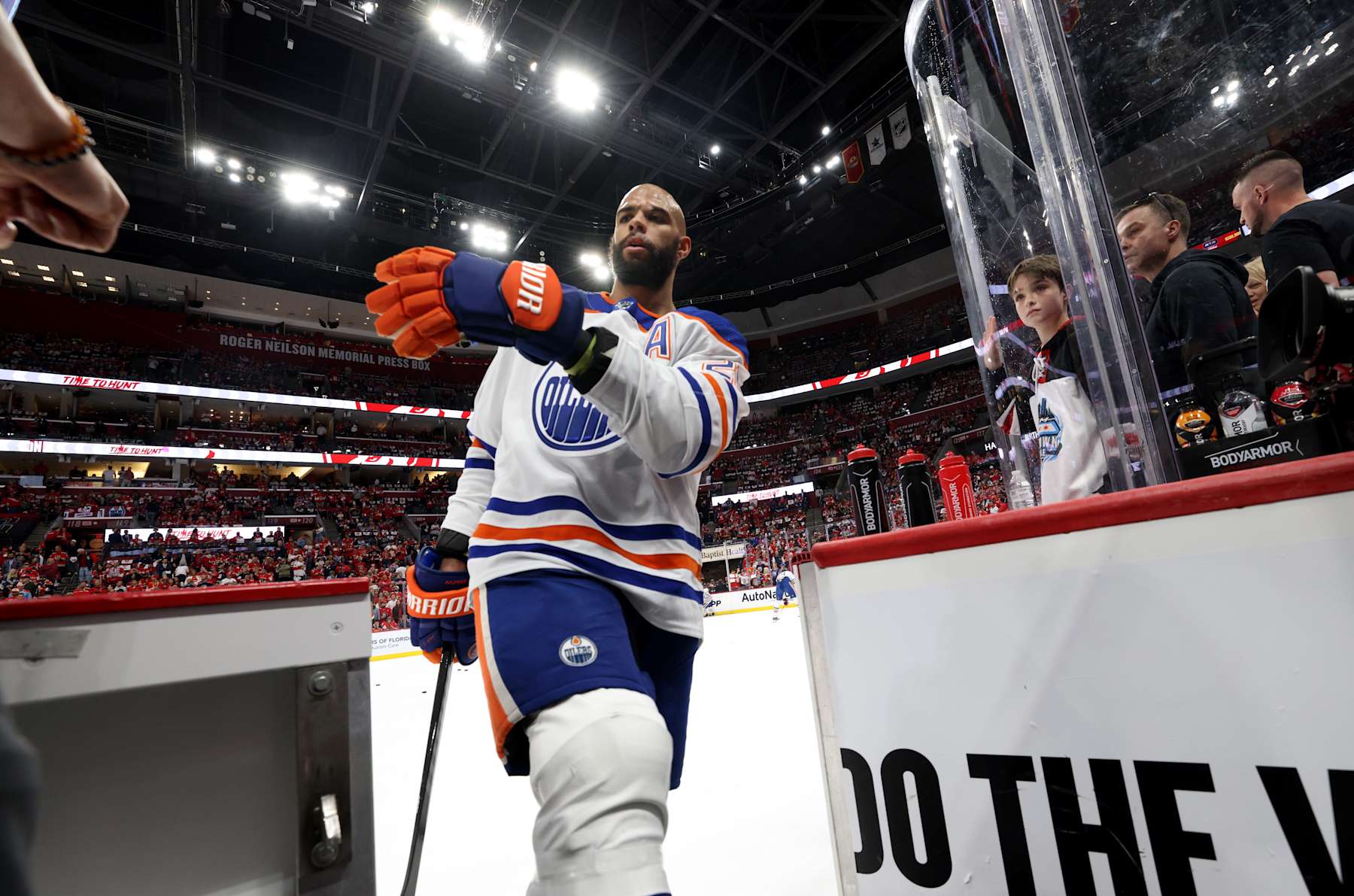 SUNRISE, FLORIDA - JUNE 18: Darnell Nurse #25 of the Edmonton Oilers skates off the ice after warm-up before Game Five of the 2024 Stanley Cup Final between the Edmonton Oilers and the Florida Panthers at Amerant Bank Arena on June 18, 2024 in Sunrise, Florida.  (Photo by Dave Sandford/NHLI via Getty Images)