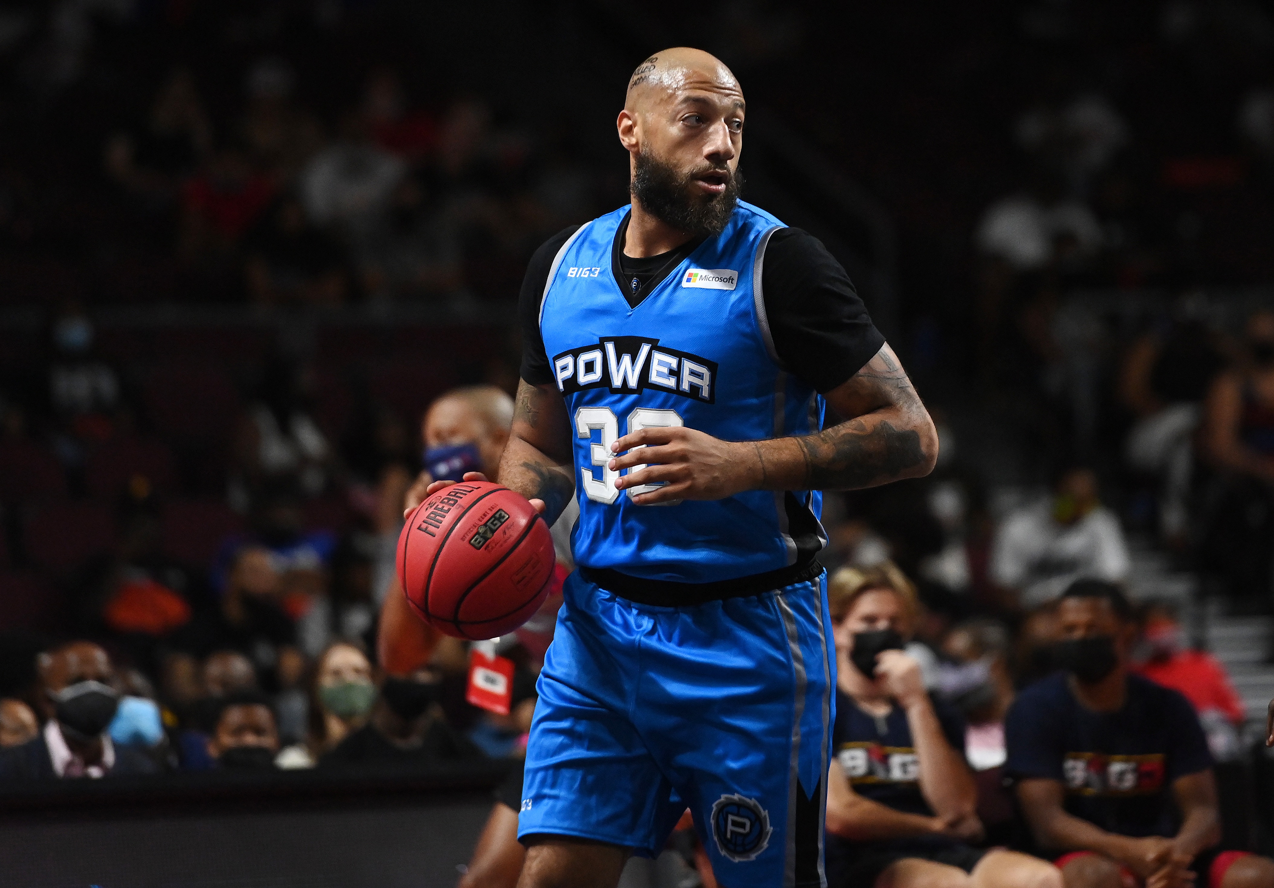 LAS VEGAS, NEVADA - AUGUST 21: Royce White #30 of Power brings the ball up court against Ball Hogs during a BIG3 game in Week Eight at the Orleans Arena on August 21, 2021 in Las Vegas, Nevada. (Photo by David Becker/Getty Images for BIG3)