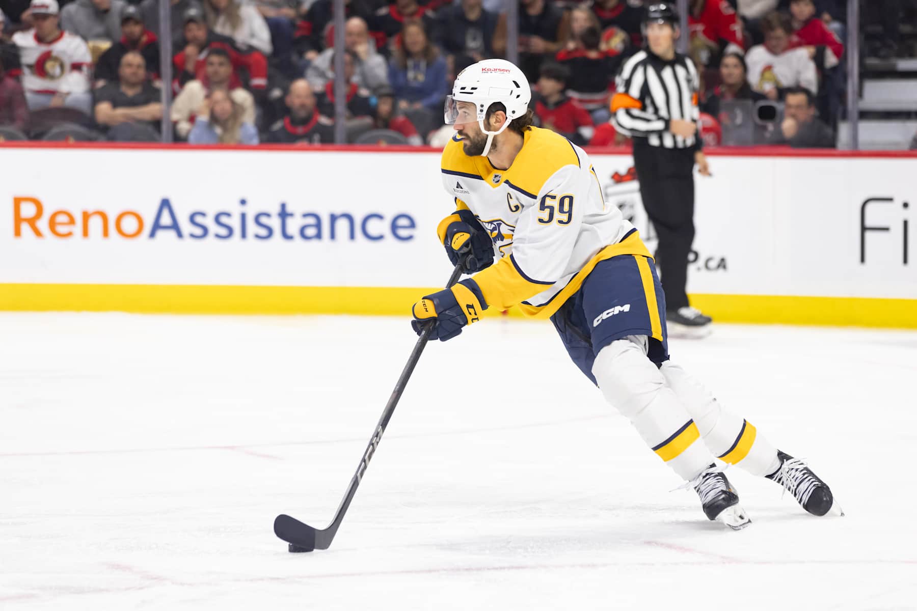OTTAWA, ON - DECEMBER 07: Nashville Predators Defenceman Roman Josi (59) skates with the puck during third period National Hockey League action between the Nashville Predators and Ottawa Senators on December 7, 2024, at Canadian Tire Centre in Ottawa, ON, Canada. (Photo by Richard A. Whittaker/Icon Sportswire via Getty Images)