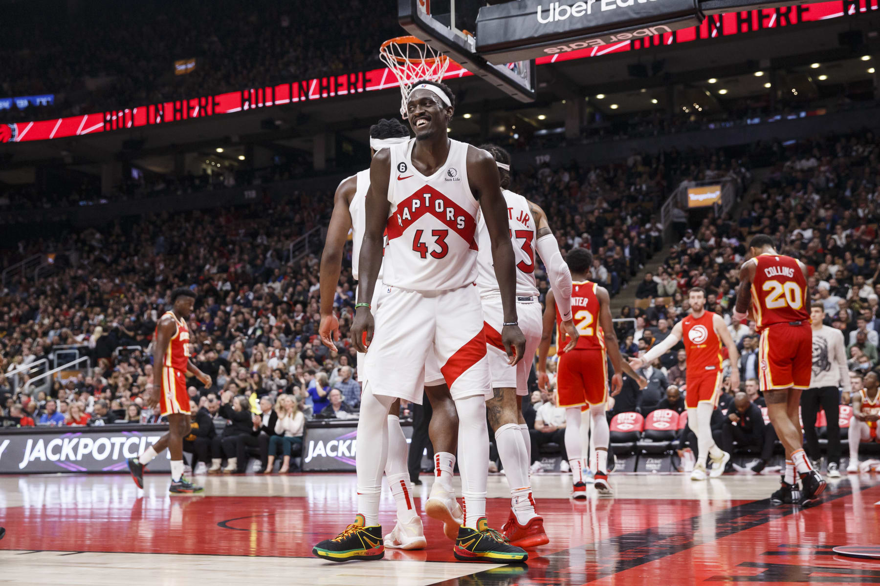 TORONTO, ON - OCTOBER 31: Pascal Siakam #43 of the Toronto Raptors reacts against the Atlanta Hawks at Scotiabank Arena on October 31, 2022 in Toronto, Canada. NOTE TO USER: User expressly acknowledges and agrees that, by downloading and or using this photograph, User is consenting to the terms and conditions of the Getty Images License Agreement. (Photo by Cole Burston/Getty Images
