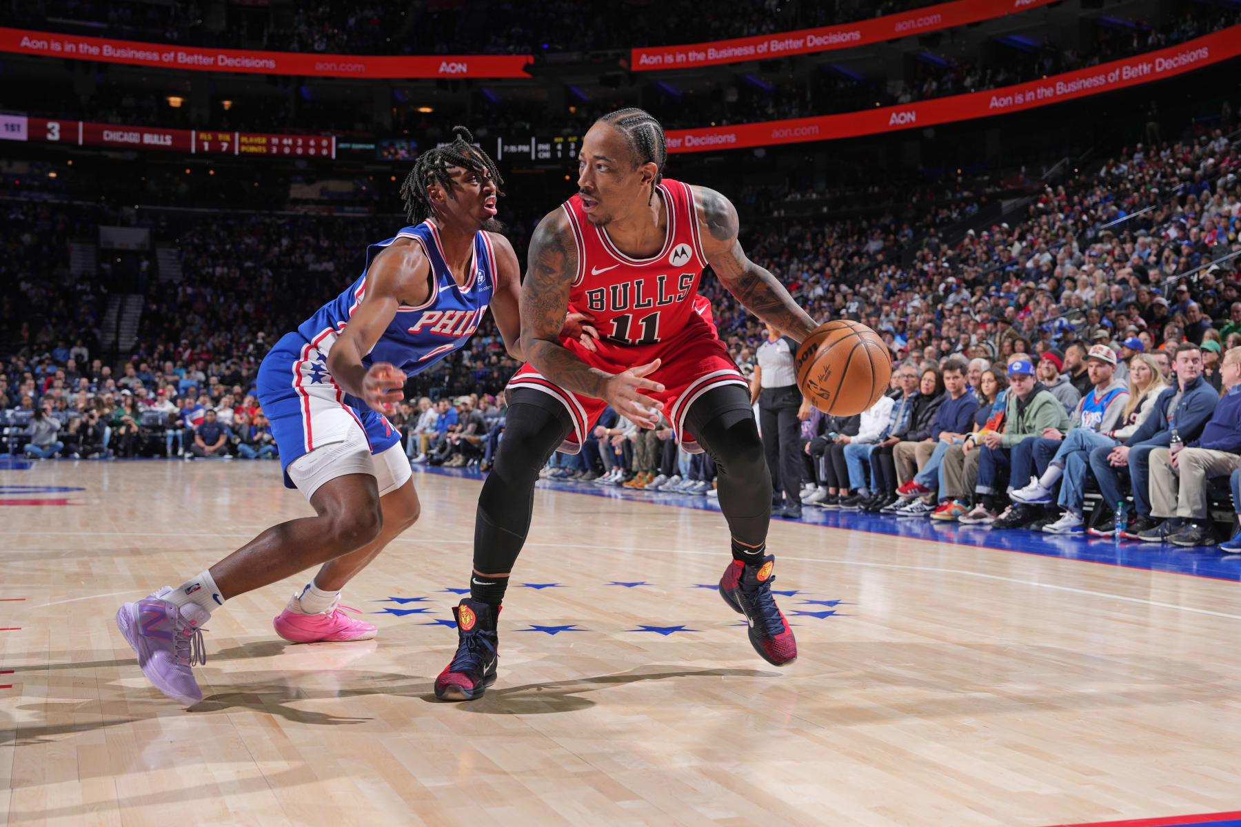 PHILADELPHIA, PA - JANUARY 2: DeMar DeRozan #11 of the Chicago Bulls dribbles the ball during the game against the Philadelphia 76ers on January 2, 2024 at the Wells Fargo Center in Philadelphia, Pennsylvania NOTE TO USER: User expressly acknowledges and agrees that, by downloading and/or using this Photograph, user is consenting to the terms and conditions of the Getty Images License Agreement. Mandatory Copyright Notice: Copyright 2023 NBAE (Photo by Jesse D. Garrabrant/NBAE via Getty Images)