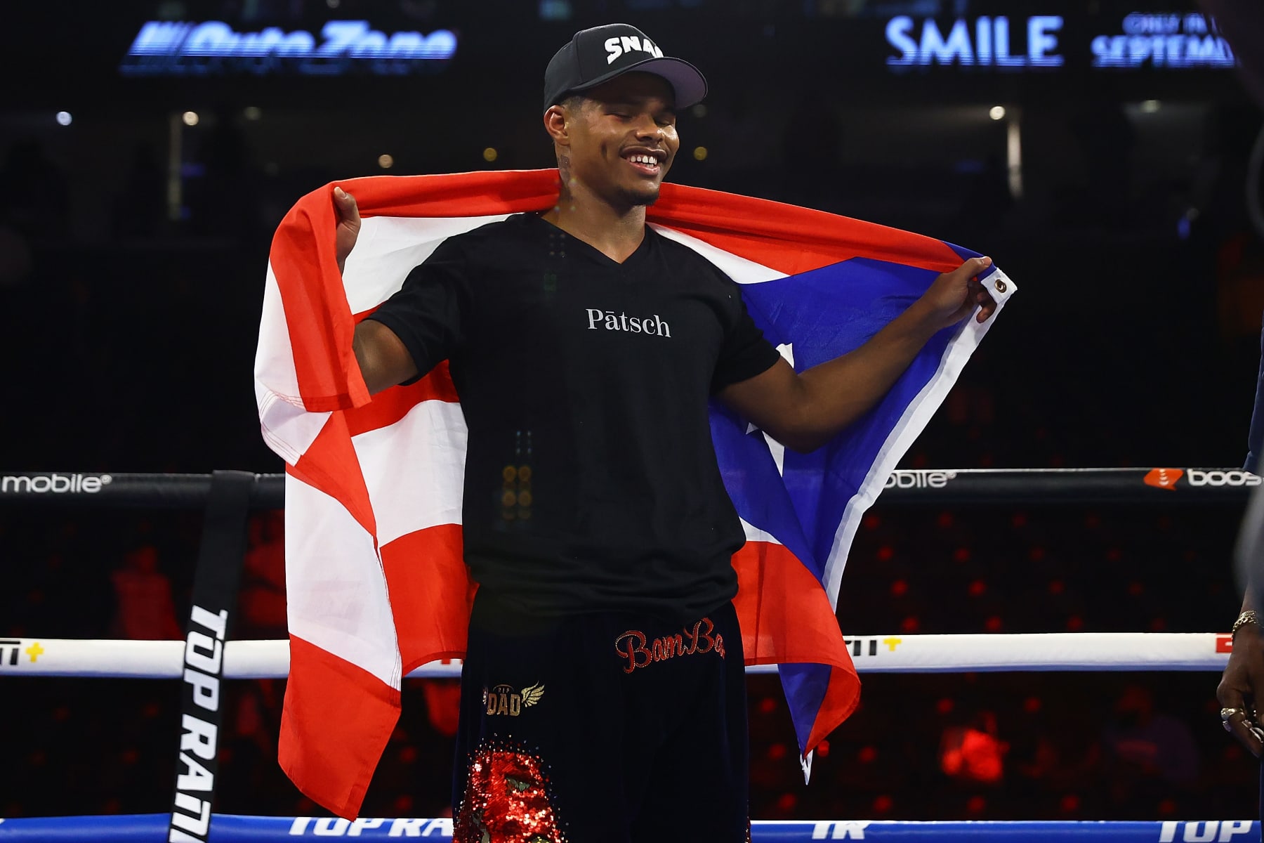 NEWARK, NEW JERSEY - SEPTEMBER 23: Shakur Stevenson celebrates after defeating Robson Conceição during their WBC/WBO Jr. Lightweight World title bout at Prudential Center on September 23, 2022 in Newark, New Jersey. (Photo by Mike Stobe/Getty Images)