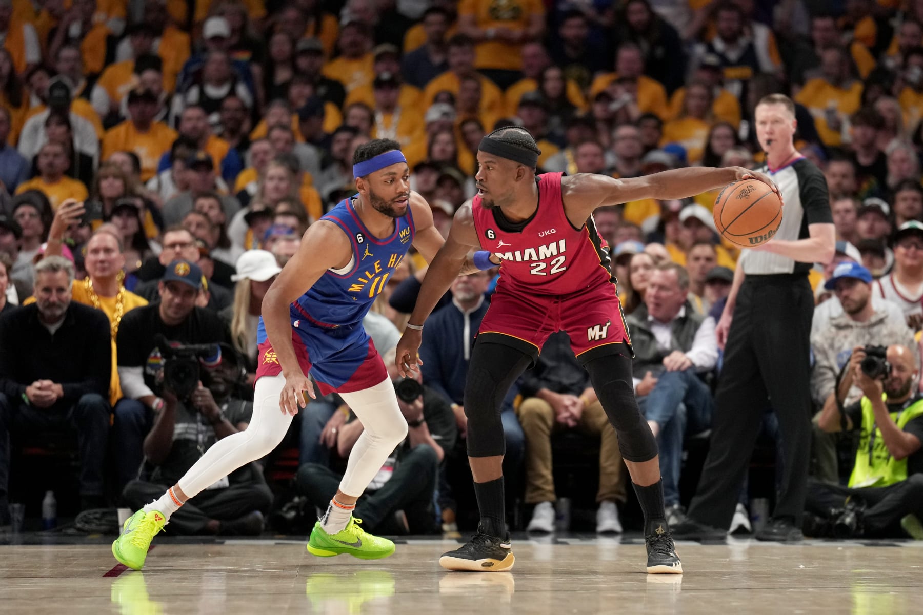 DENVER, CO - JUNE 1: Jimmy Butler #22 of the Miami Heat dribbles the ball during Game One of the 2023 NBA Finals against the Denver Nuggets on June 1, 2023 at the Ball Arena in Denver, Colorado. NOTE TO USER: User expressly acknowledges and agrees that, by downloading and/or using this Photograph, user is consenting to the terms and conditions of the Getty Images License Agreement. Mandatory Copyright Notice: Copyright 2023 NBAE (Photo by Jesse D. Garrabrant/NBAE via Getty Images)