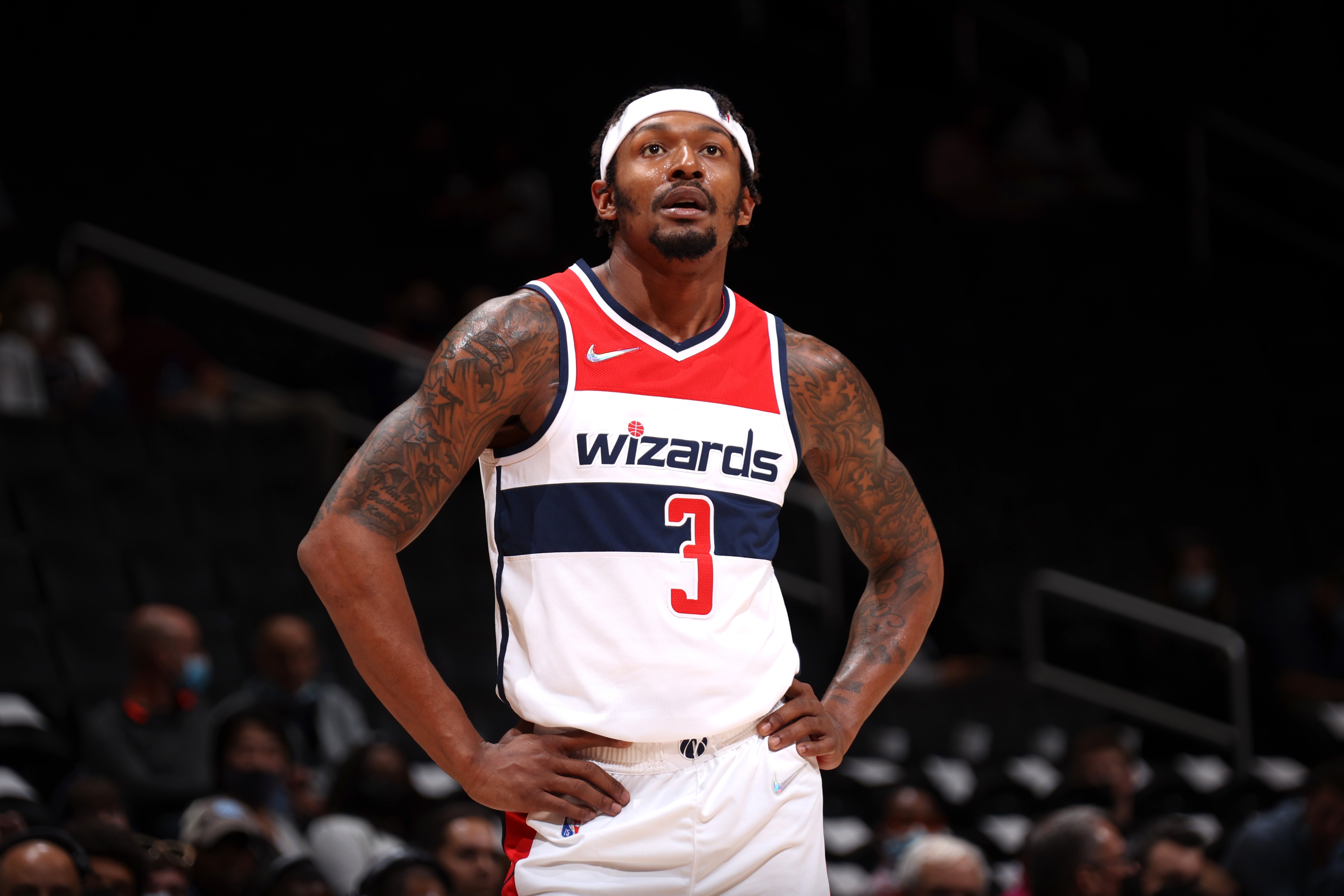 WASHINGTON, DC -  OCTOBER 12: Bradley Beal #3 of the Washington Wizards looks on during a preseason game against the Toronto Raptors on October 12, 2021 at Capital One Arena in Washington, DC. NOTE TO USER: User expressly acknowledges and agrees that, by downloading and or using this Photograph, user is consenting to the terms and conditions of the Getty Images License Agreement. Mandatory Copyright Notice: Copyright 2021 NBAE (Photo by Stephen Gosling/NBAE via Getty Images)