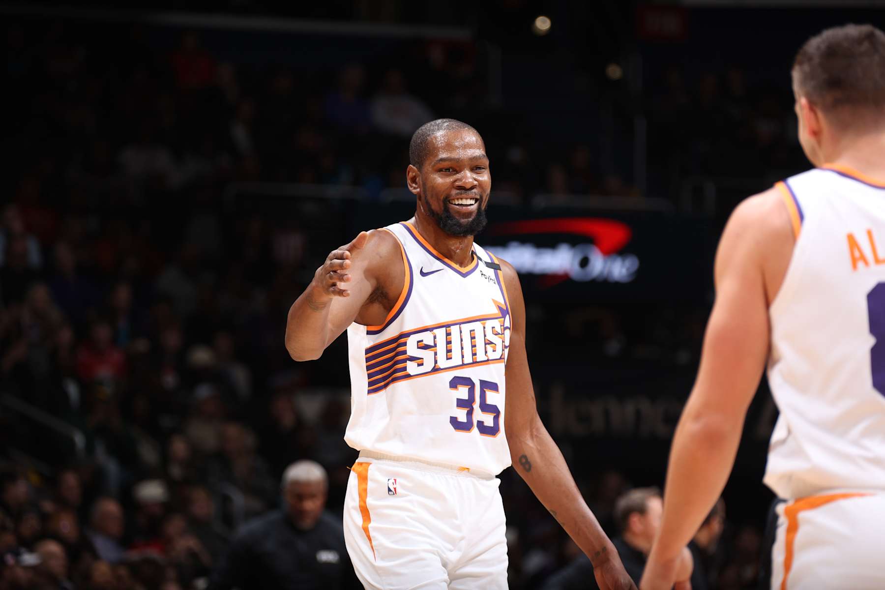 WASHINGTON, DC - JANUARY 16 : Kevin Durant #35 of the Phoenix Suns smiles during the game against the Washington Wizards on January 16, 2025 at Capital One Arena in Washington, DC. NOTE TO USER: User expressly acknowledges and agrees that, by downloading and or using this Photograph, user is consenting to the terms and conditions of the Getty Images License Agreement. Mandatory Copyright Notice: Copyright 2024 NBAE (Photo by Stephen Gosling/NBAE via Getty Images)