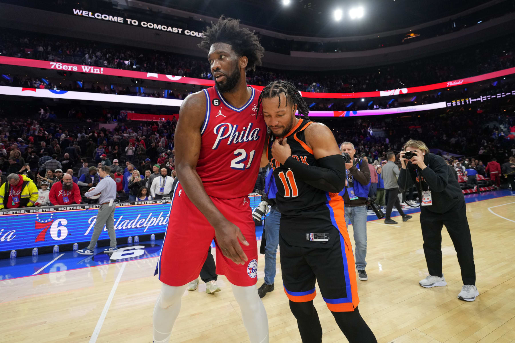 PHILADELPHIA, PA - FEBRUARY 10: Jalen Brunson #11 of the New York Knicks talks with Joel Embiid #21 of the Philadelphia 76ers after the game on February 10, 2023 at the Wells Fargo Center in Philadelphia, Pennsylvania NOTE TO USER: User expressly acknowledges and agrees that, by downloading and/or using this Photograph, user is consenting to the terms and conditions of the Getty Images License Agreement. Mandatory Copyright Notice: Copyright 2023 NBAE (Photo by Jesse D. Garrabrant/NBAE via Getty Images)