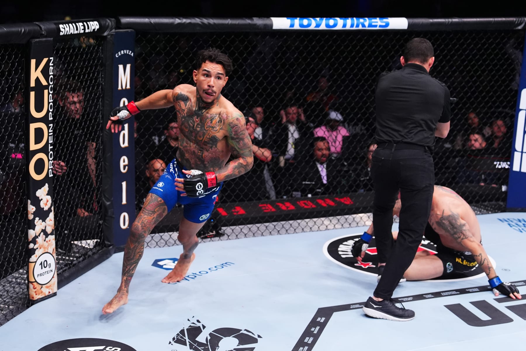 LAS VEGAS, NEVADA - DECEMBER 16: Andre Fili reacts to his win in a featherweight fight during the UFC 296 event at T-Mobile Arena on December 16, 2023 in Las Vegas, Nevada. (Photo by Jeff Bottari/Zuffa LLC via Getty Images)