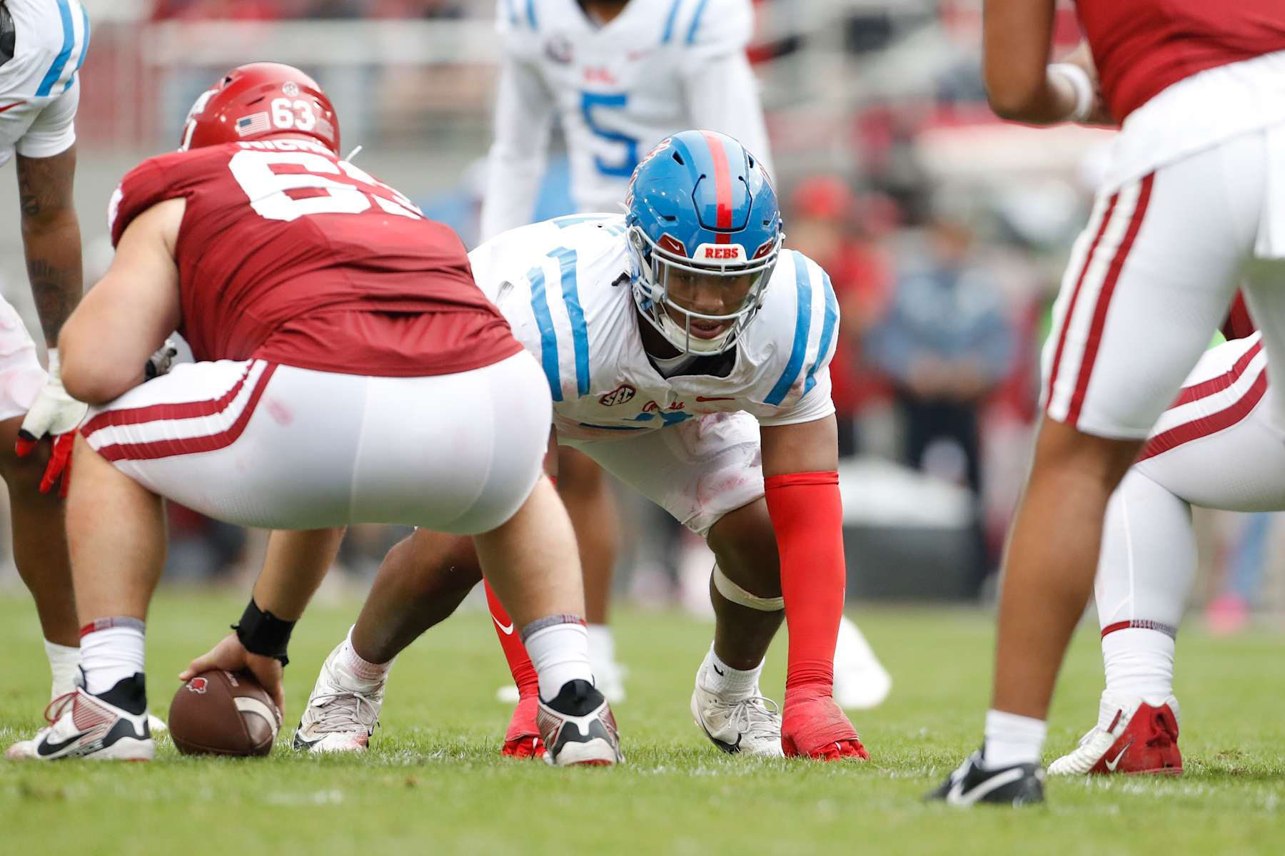 FAYETTEVILLE, AR - NOVEMBER 02:  Mississippi Rebels defensive tackle Walter Nolen (2) looks at the football and waits for the snap during the college football game between the Mississippi Rebels and Arkansas Razorbacks on November 2, 2024, at Donald W. Reynolds Razorback Stadium in Fayetteville, Arkansas. (Photo by Andy Altenburger/Icon Sportswire via Getty Images)